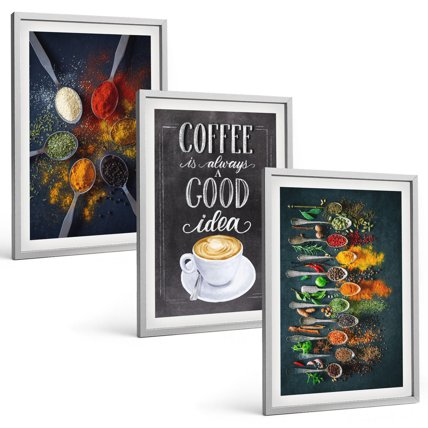 BILDER SET 3er Set - 40x60 cm Silberner Rahmen - Gewürze, Kaffee, Kräuter, Muster - Silberfarben, Kunststoff (40/60cm) - TULUP