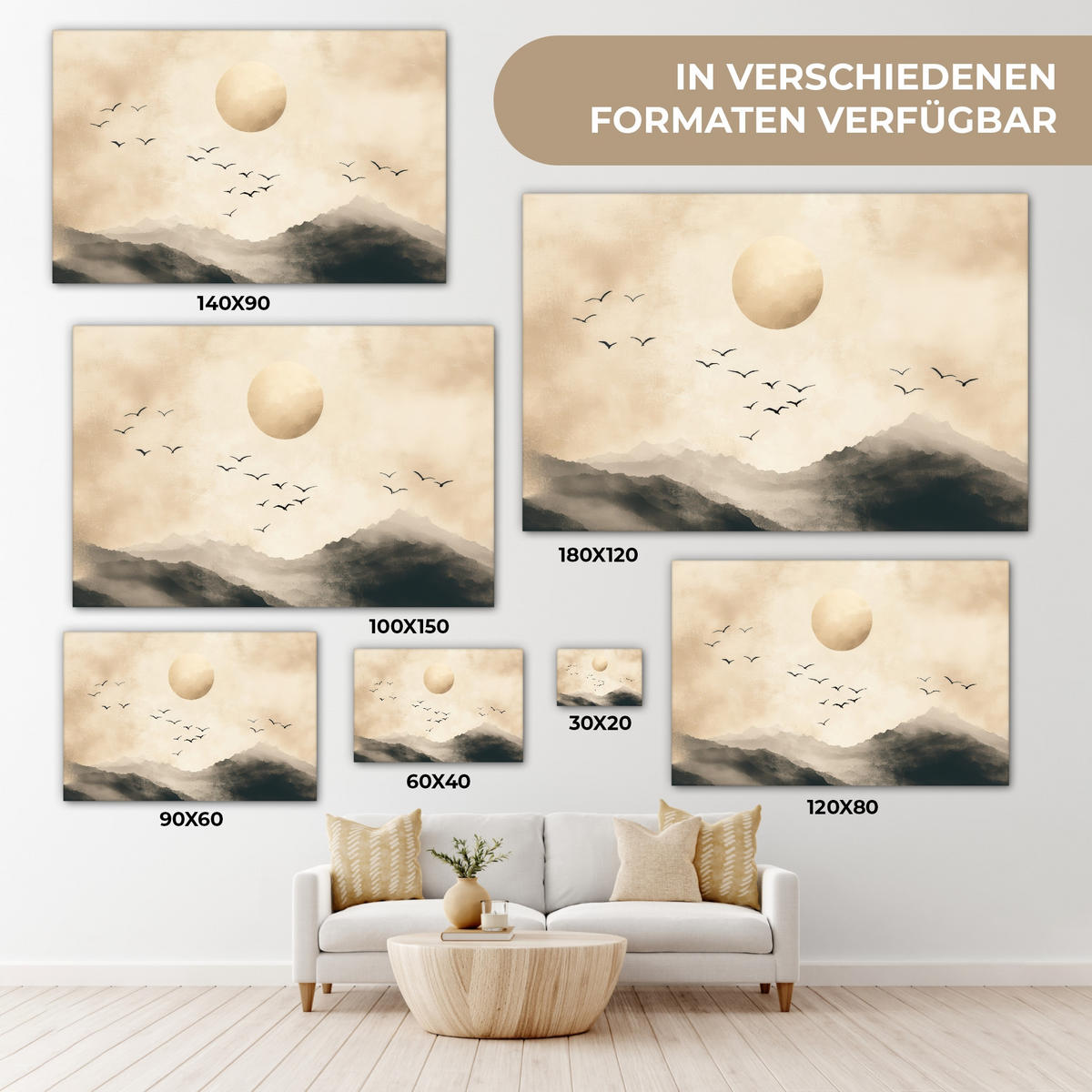 LEINWANDBILD Landschaft - Japandi - Vogel Groß 140x90 cm - Beige, Textil (140/90cm) - MuchoWow