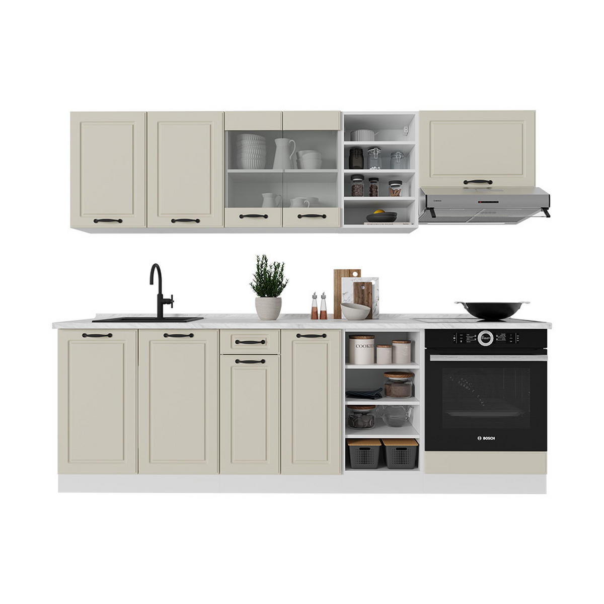 KÜCHENZEILE R-Line, Sand Landhaus/Weiß, 240 cm ohne Arbeitsplatte - Beige/Weiß, Holzwerkstoff (240/206.8/46cm) - Vicco