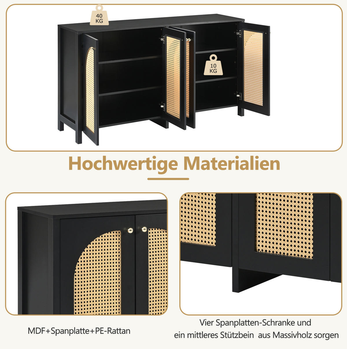 SIDEBOARD in Schwarz mit 4 Rattantüren und verstellbarem Regal,145/40/80 cm - Schwarz, Holzwerkstoff (145/40/80cm) - Flora Grace