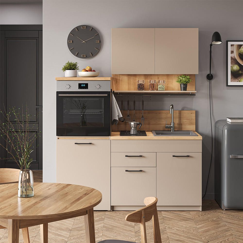 SINGLEKÜCHE Egbert Greige 160 cm mit ausziehbarem Tisch - Honigeiche/Greige, Holzwerkstoff (160/81.6/60cm) - Vicco