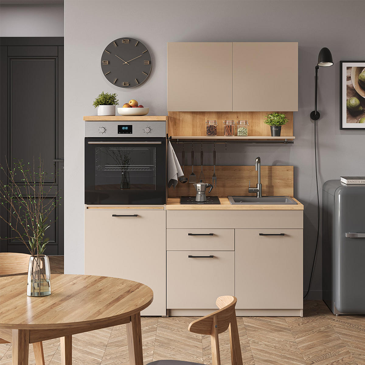 SINGLEKÜCHE Egbert Greige 160 cm mit ausziehbarem Tisch - Honigeiche/Greige, Holzwerkstoff (160/81.6/60cm) - Vicco