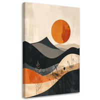 BILD auf Leinwand, Eine minimalistische Landschaft mit Bergen und einer orangefarbenen Sonne. - Orange, Textil (30/45cm) - Feeby
