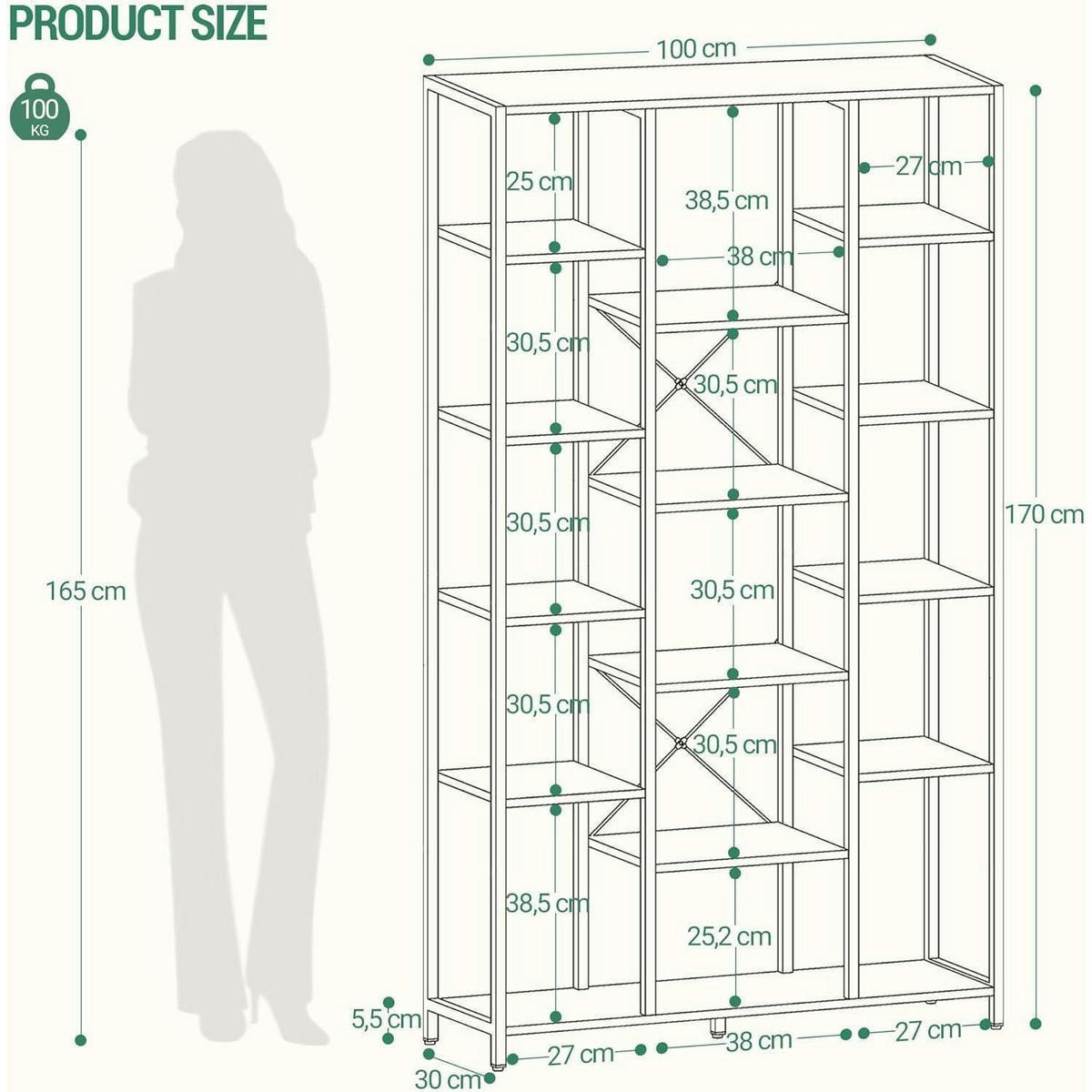 BÜCHERREGAL 6 Ebenen 15 Ablagen Weiß 30 x 100 x 170 cm - Weiß, Holzwerkstoff (100/170/30cm)