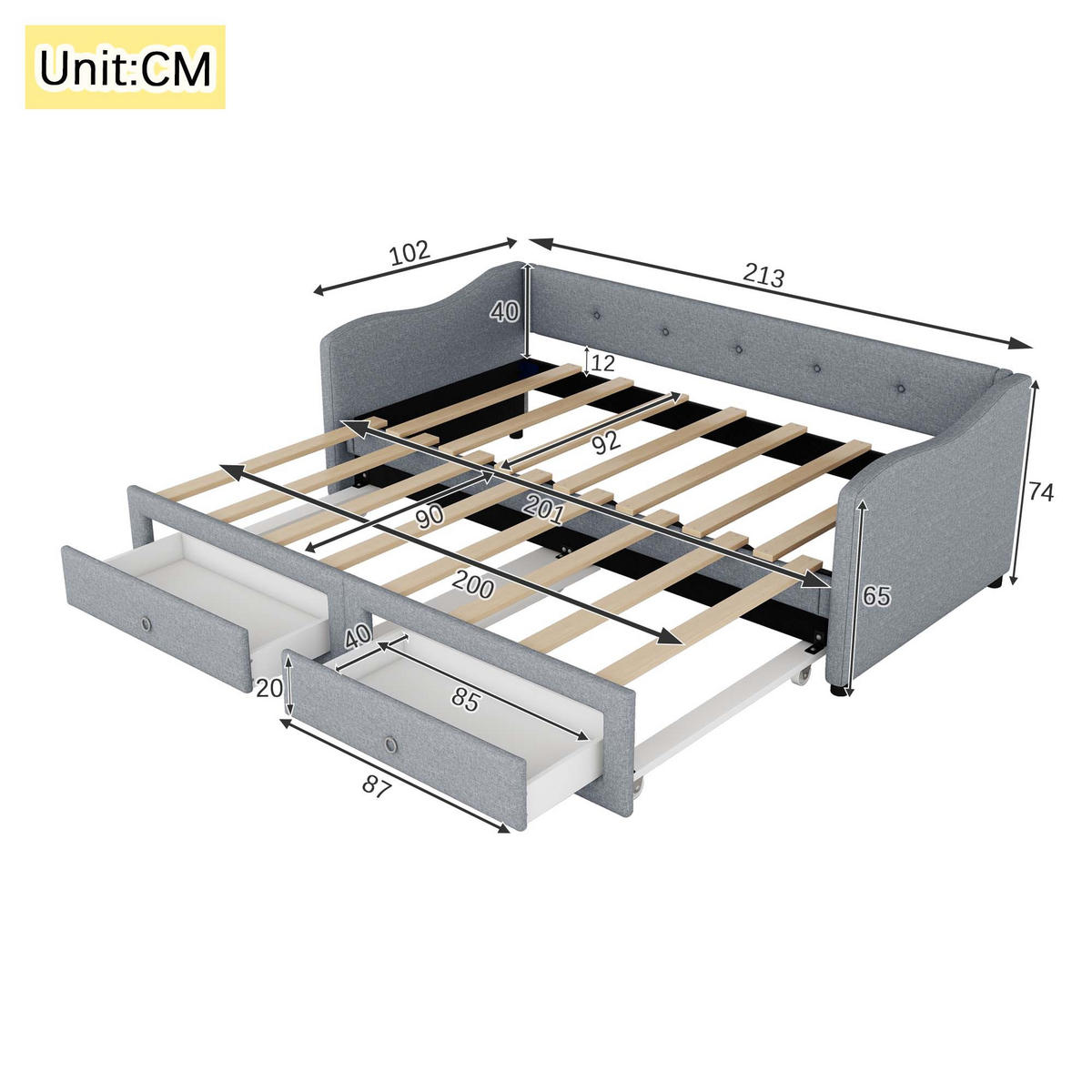 TAGESBETT 90/200 cm Grau aus Leinen mit ausziehbarem Bett und Schubladen - Grau, Textil (90/200cm) - OKWISH
