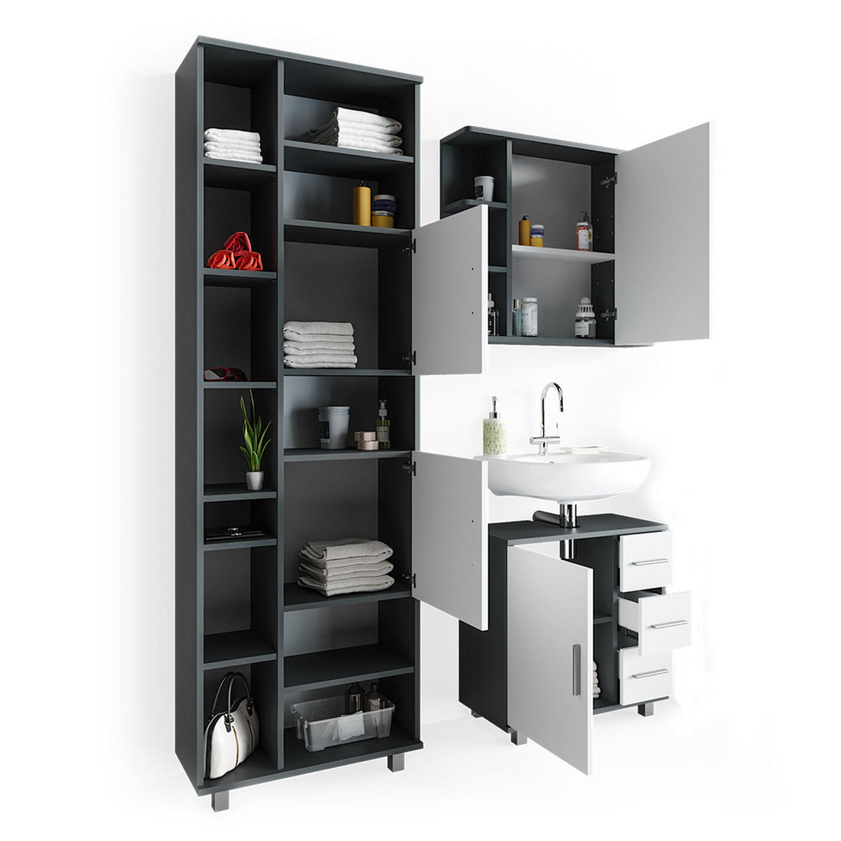 BADMÖBEL-SET Ilias Anthrazit 3 Teile, mit Unterschrank 60 cm - Anthrazit/Weiß, Holzwerkstoff (60/60.8/33cm) - Vicco