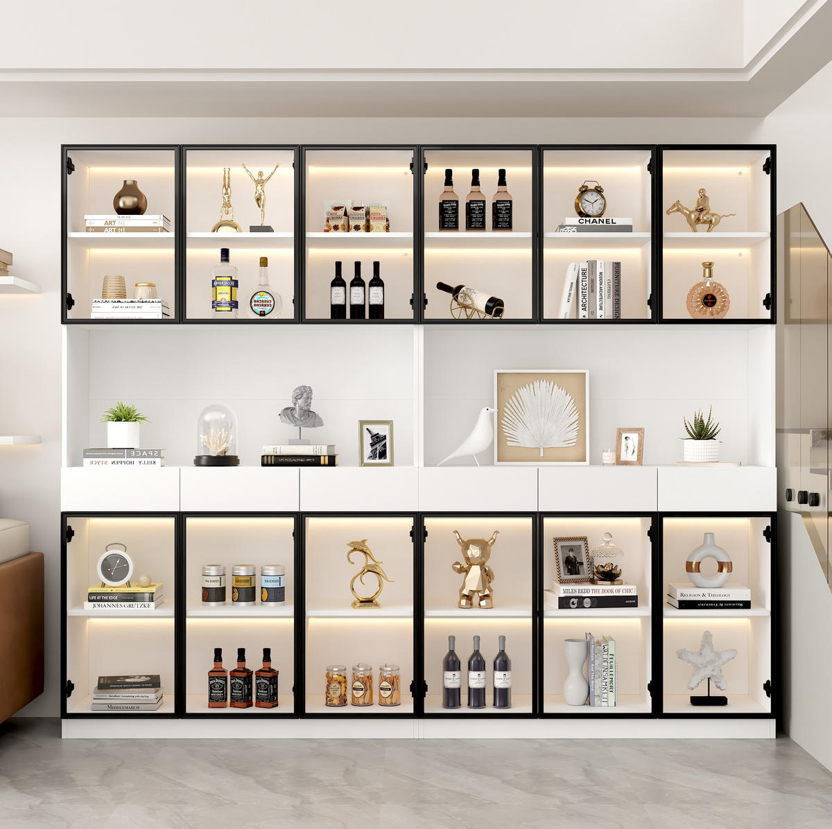 VITRINENSCHRANK mit LED 240 x 200 cm Weiß mit schwarzem Aluminiumrahmen - Weiß, Holzwerkstoff (240/200/36cm) - Beauniv