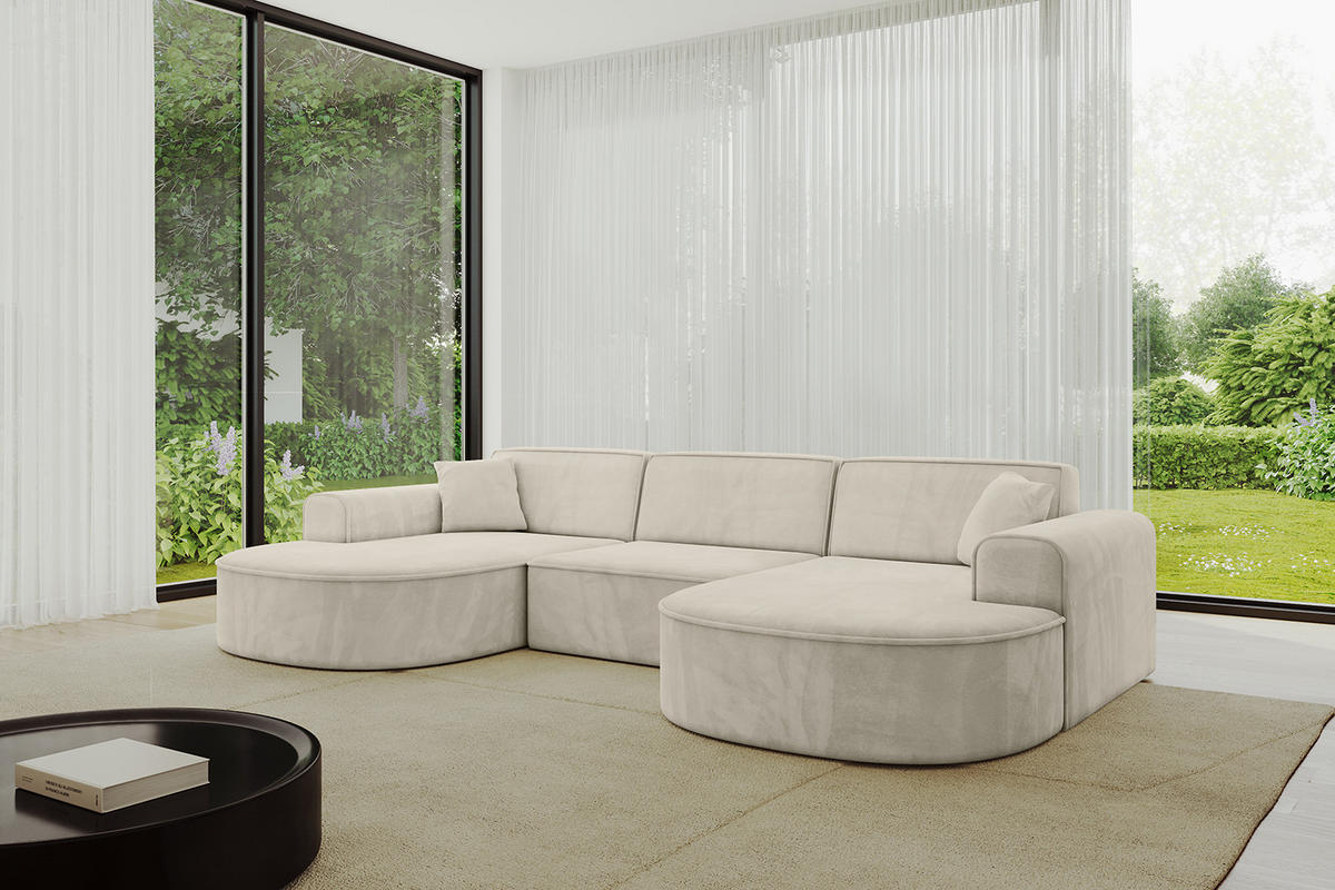 WOHNLANDSCHAFT MARI-U1 - 303x171x79 cm Ecru Velours - Ecru/Schwarz, Holzwerkstoff/Kunststoff (303/79/171cm) - ALTDECOR