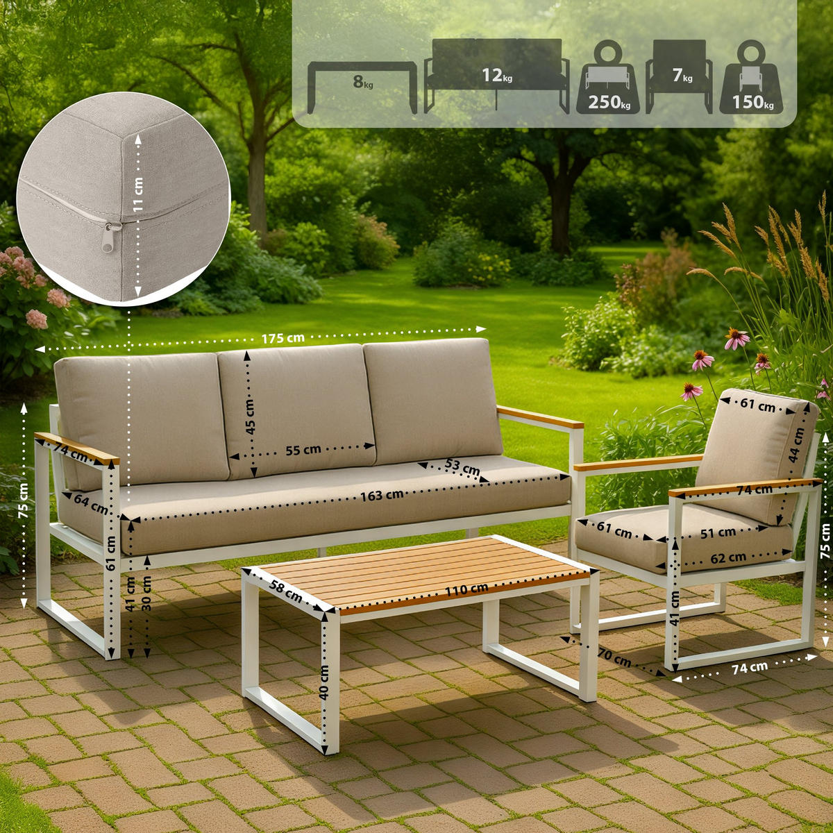 GARTENSITZGRUPPE Stoff Weiß (4-teilig) - Weiß, Textil - CLP