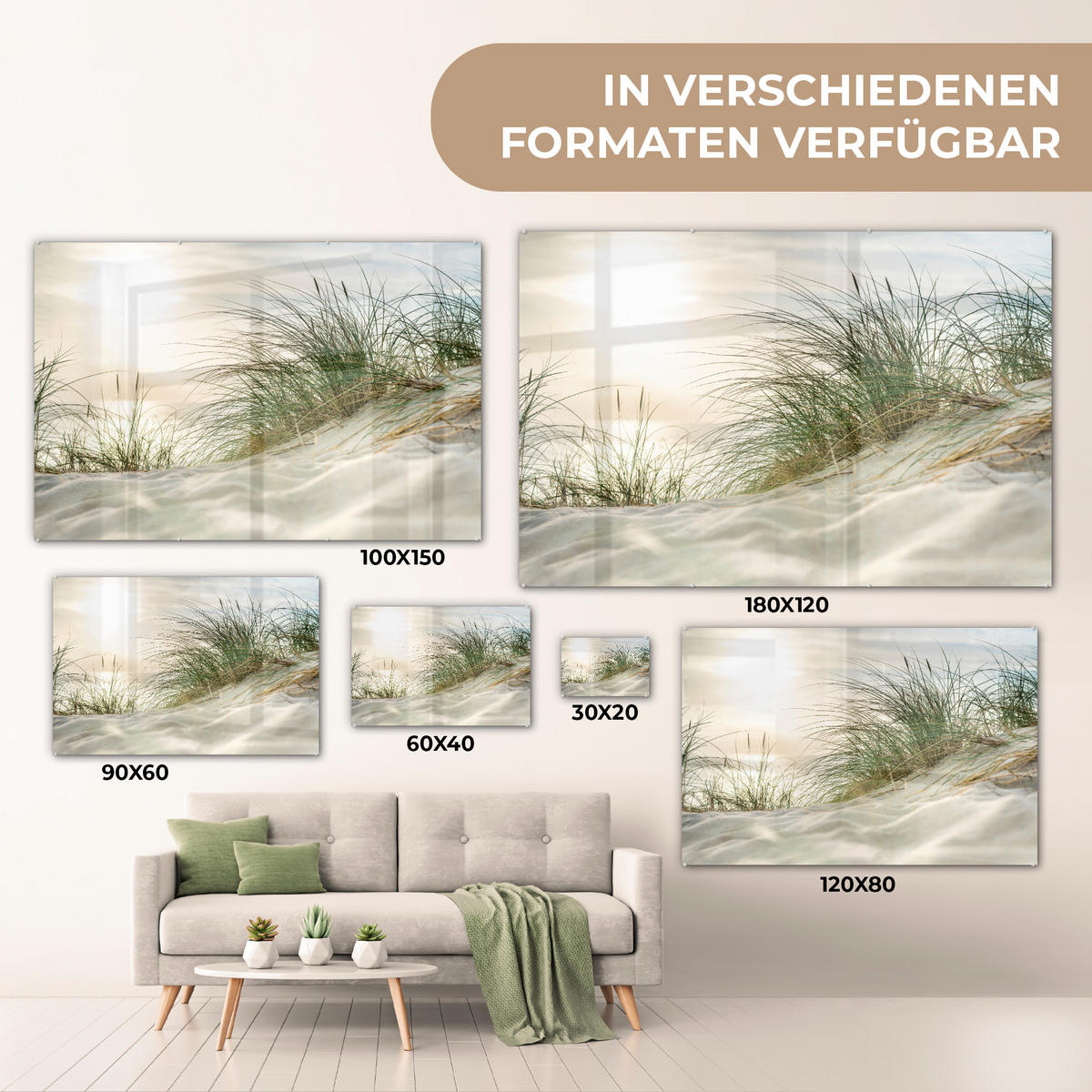 ACRYLGLASBILD Dünen - Strand - Schlewswig-Holstein - Wattenmeer 120x80 cm - Creme, Glas (120/80cm) - MuchoWow