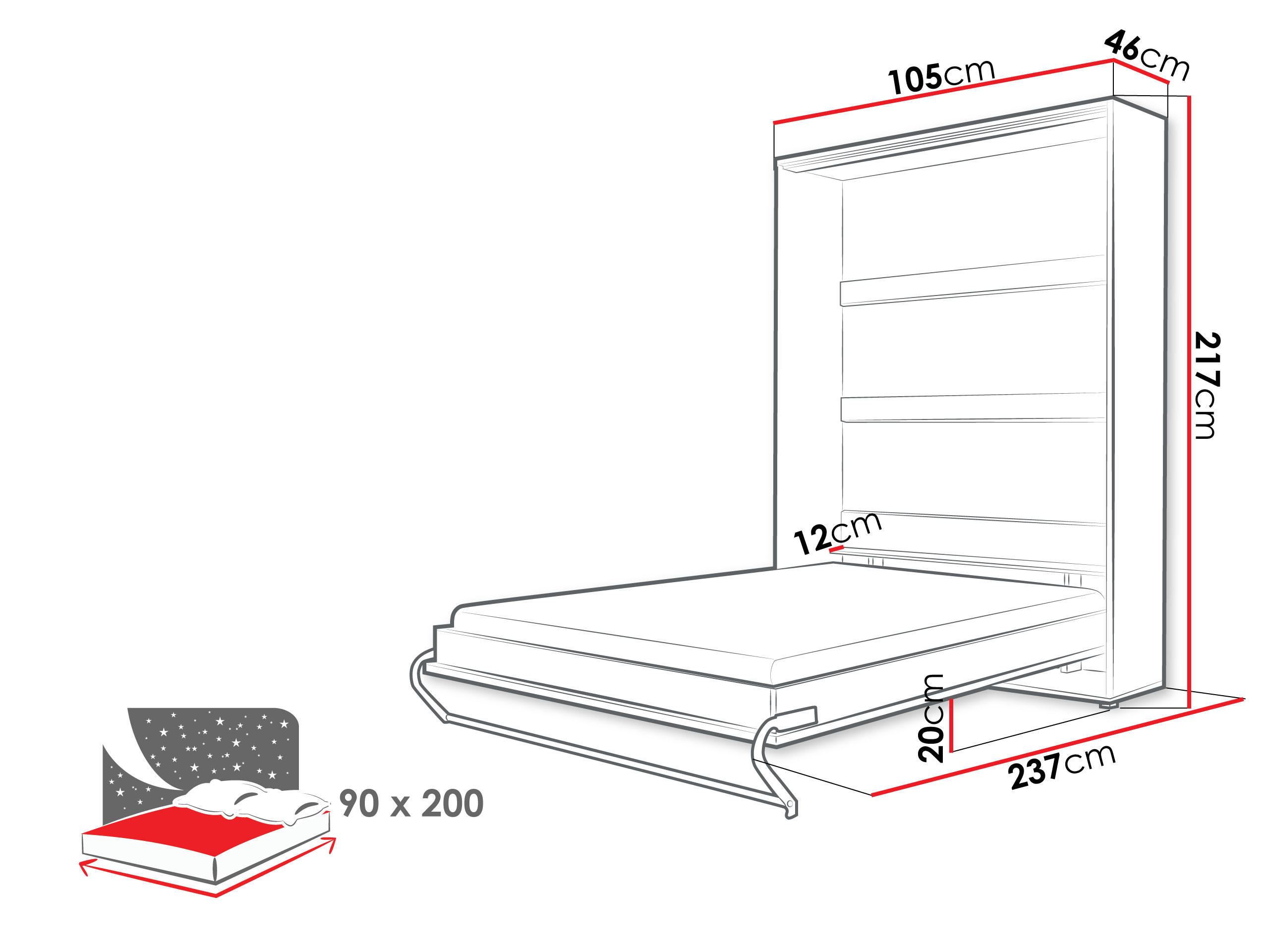 Thumbnail - Mirjan24 Schrankbett, Grau, Holzwerkstoff, Rechteckig, 90x200 cm, Schlafzimmer, Betten, Klappbetten