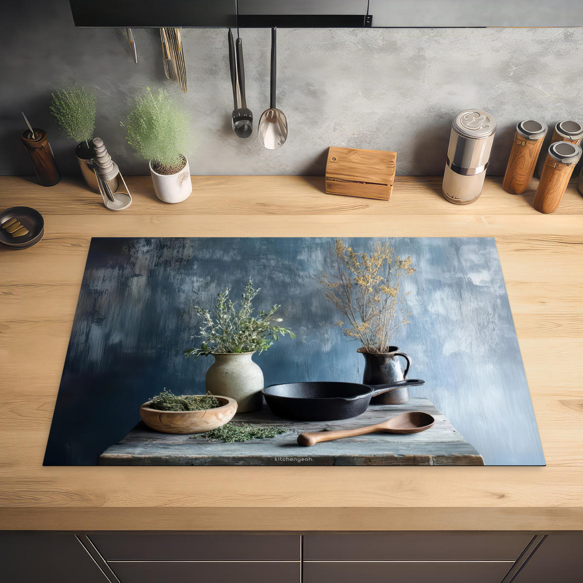 HERDABDECKPLATTE Stilleben - Kräuter - Rustikal Induktionsschutz 81.6x52.7 cm - Blaugrau, Kunststoff (81.6/52.7/0.2cm) - MuchoWow