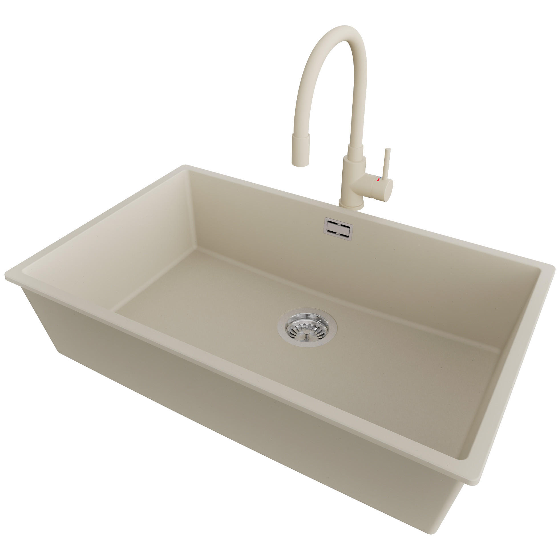 UNTERBAUSPÜLE GRANIT London, 3-er set Beige 76/47 cm, 1 Becken + Küchenarmatur 38/14 cm + Ablauf-Set ab 80er Unterschrank - Chromfarben/Beige, Kunststoff (76/20/47cm) - Primagran