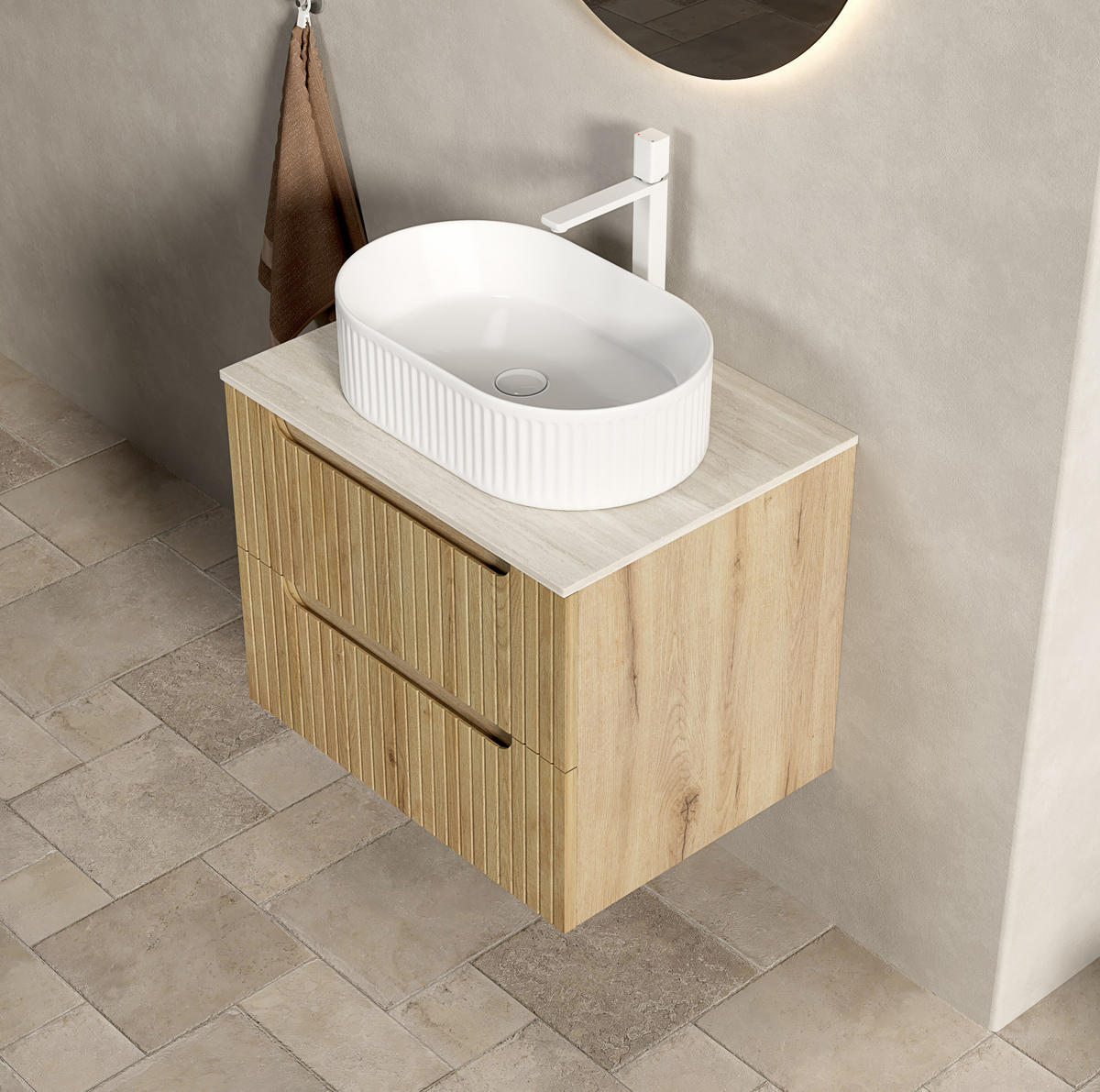 WASCHTISCHKOMBI mit Aufsatzbecken und Soft-Close-Schubladen in Weiß/Eiche - Eichefarben, Keramik (60/62.2/46cm) - BEAOK