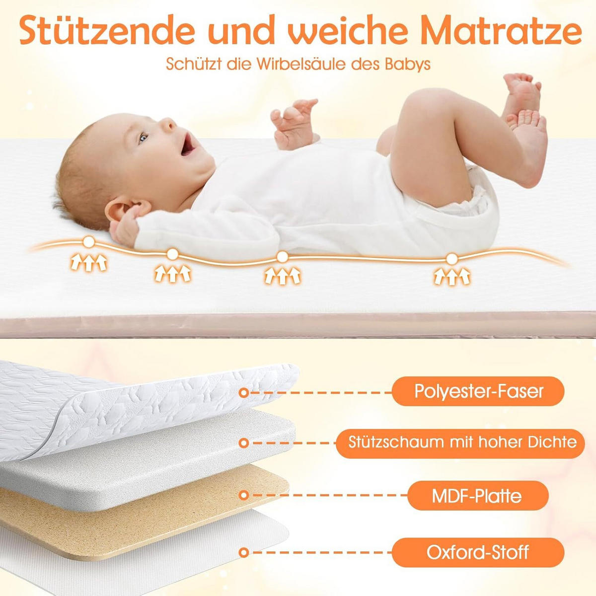 BABYWIEGE mit Matratze beige - Beige, Textil - COSTWAY