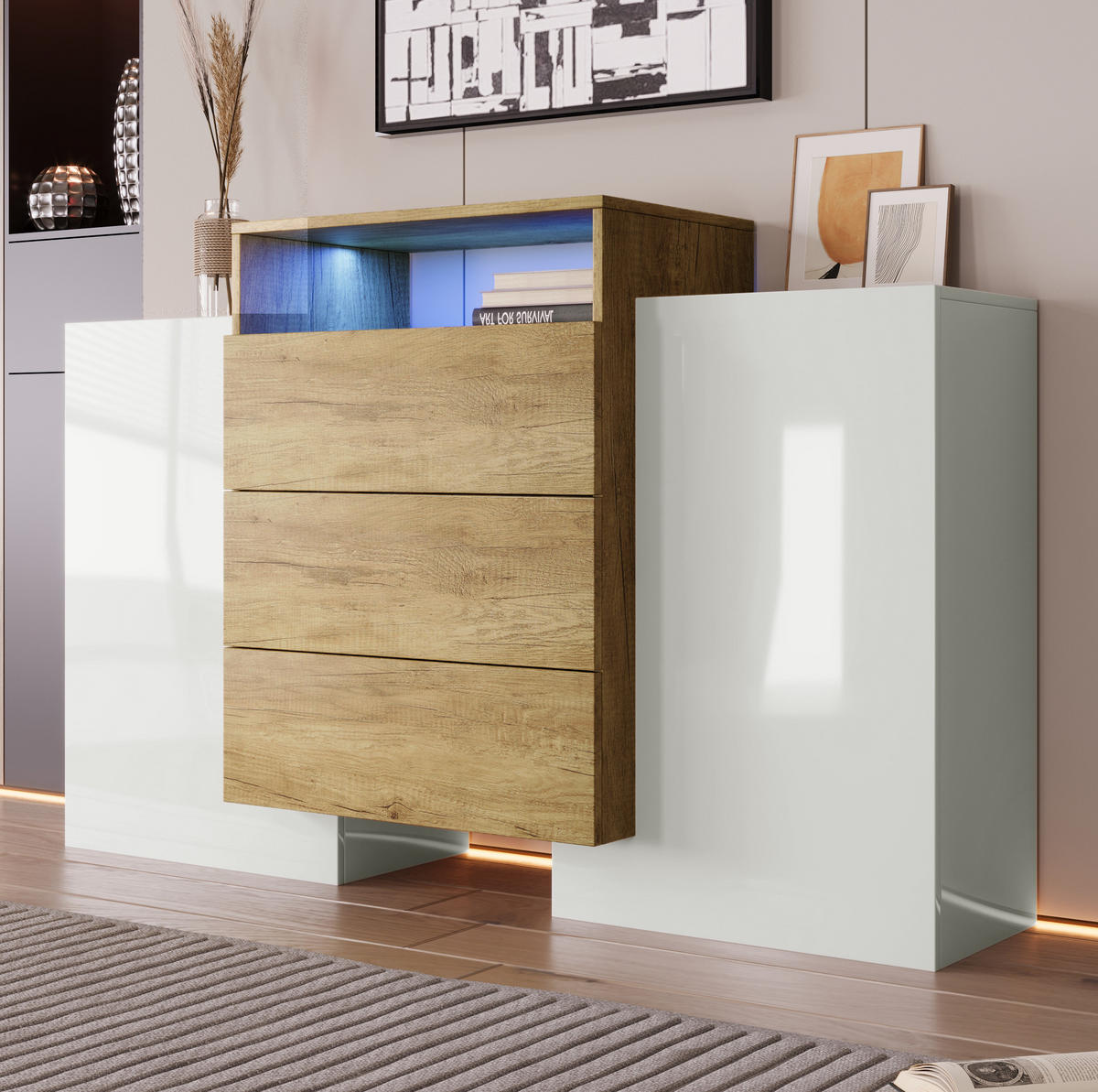 KOMODA z MDF, 140/30/77,5 cm bílá a přírodní, s LED osvětlením - přírodní, kompozitní dřevo (140/77/30cm) - BEAOK