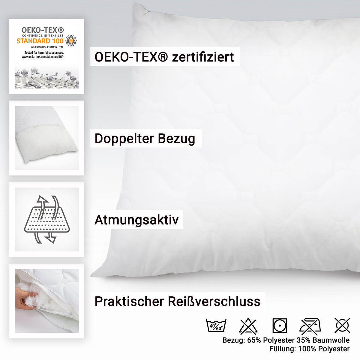 KISSEN, 80x80 cm, 100% Polyester-Hohlfaser Füllung, Weiß - Weiß, Textil (80/80cm) - Zollner