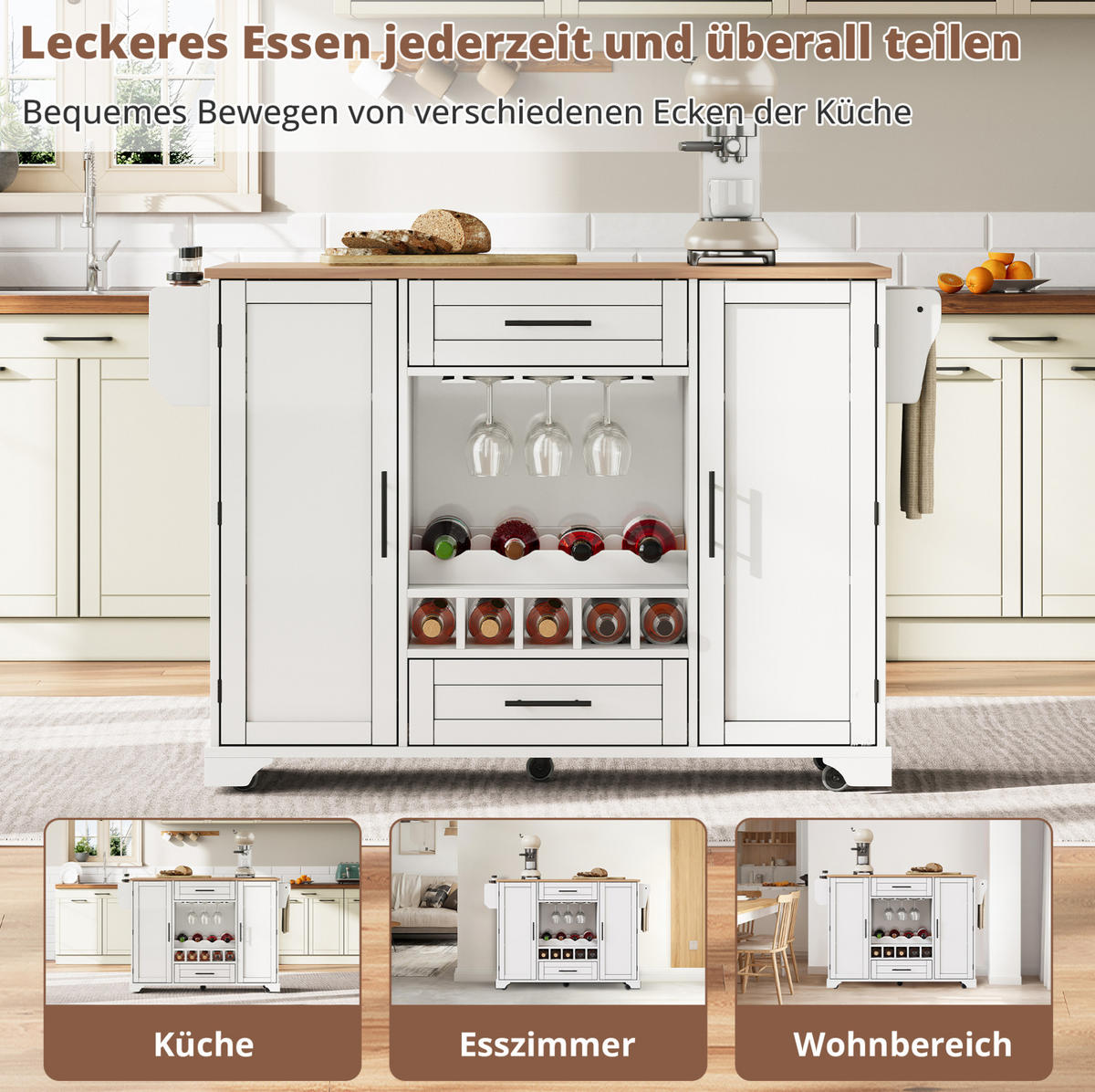 KÜCHENINSEL 138/92/45(70) cm Weiß/Natur aus MDF mit ausklappbarer Arbeitsplatte - Weiß, Holzwerkstoff (70/92/138cm) - OKMYHOME