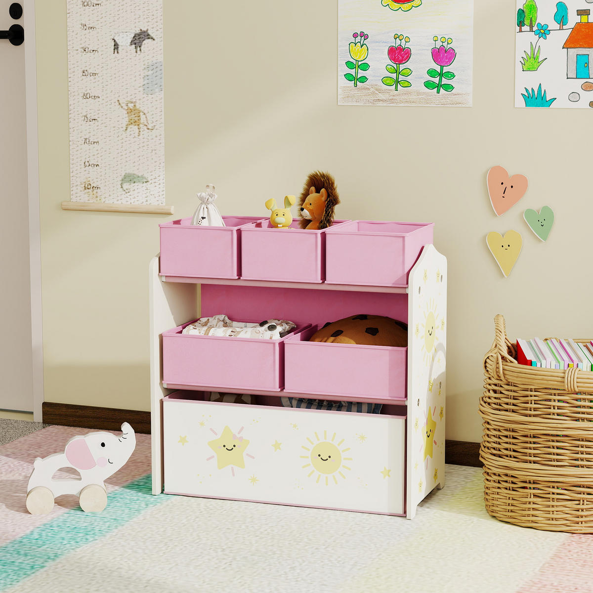 KINDERREGAL DE-17259 3 Ebenen & 6 herausnehmbare Stoffboxen Rosa - Pink, Holzwerkstoff (63/66/30cm) - ComfortXL