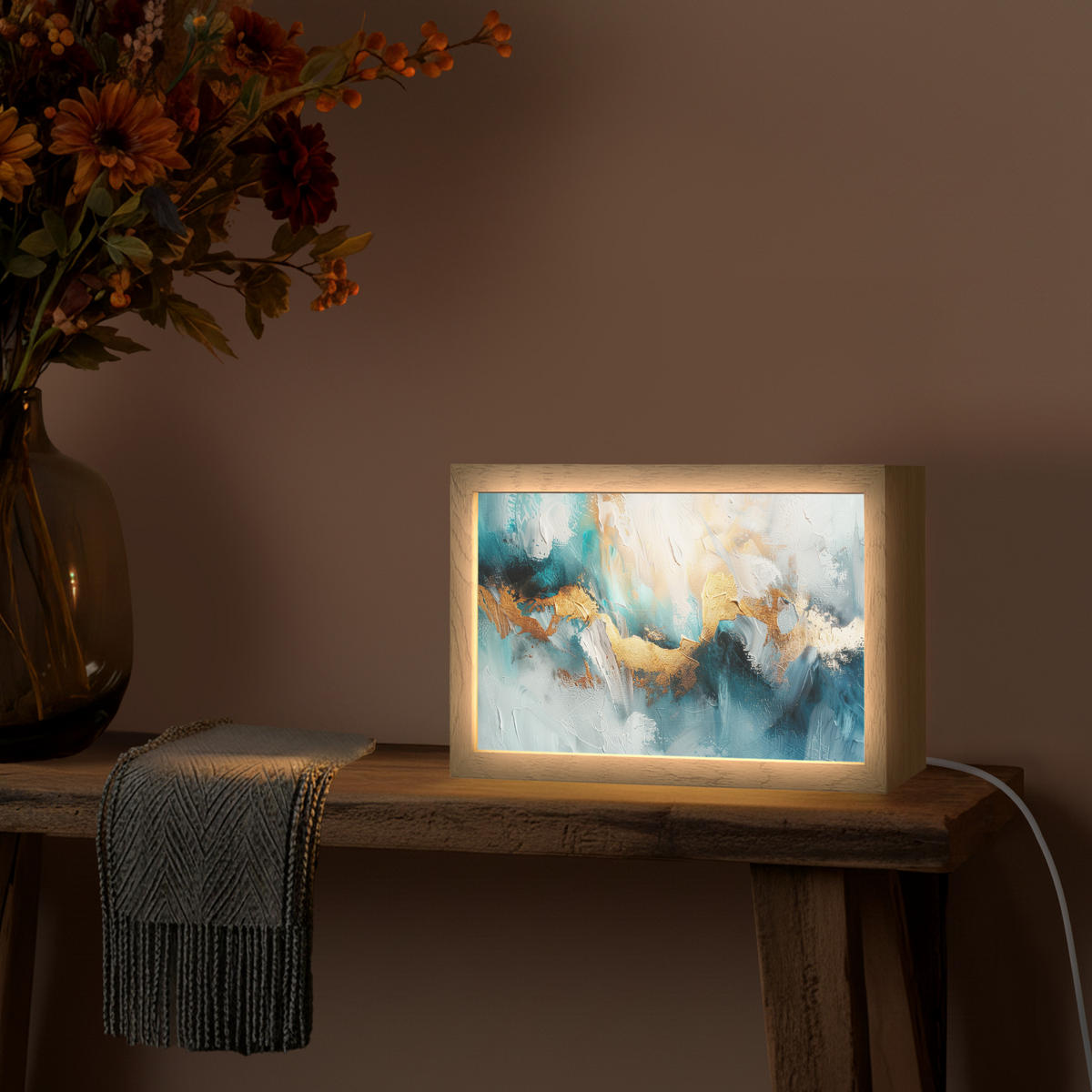 NÁSTĚNNÁ LAMPA Abstraktní - umění - zlatá - modrá 30x20 cm - tyrkysová, kompozitní dřevo (30/20/8cm) - OnlyWow