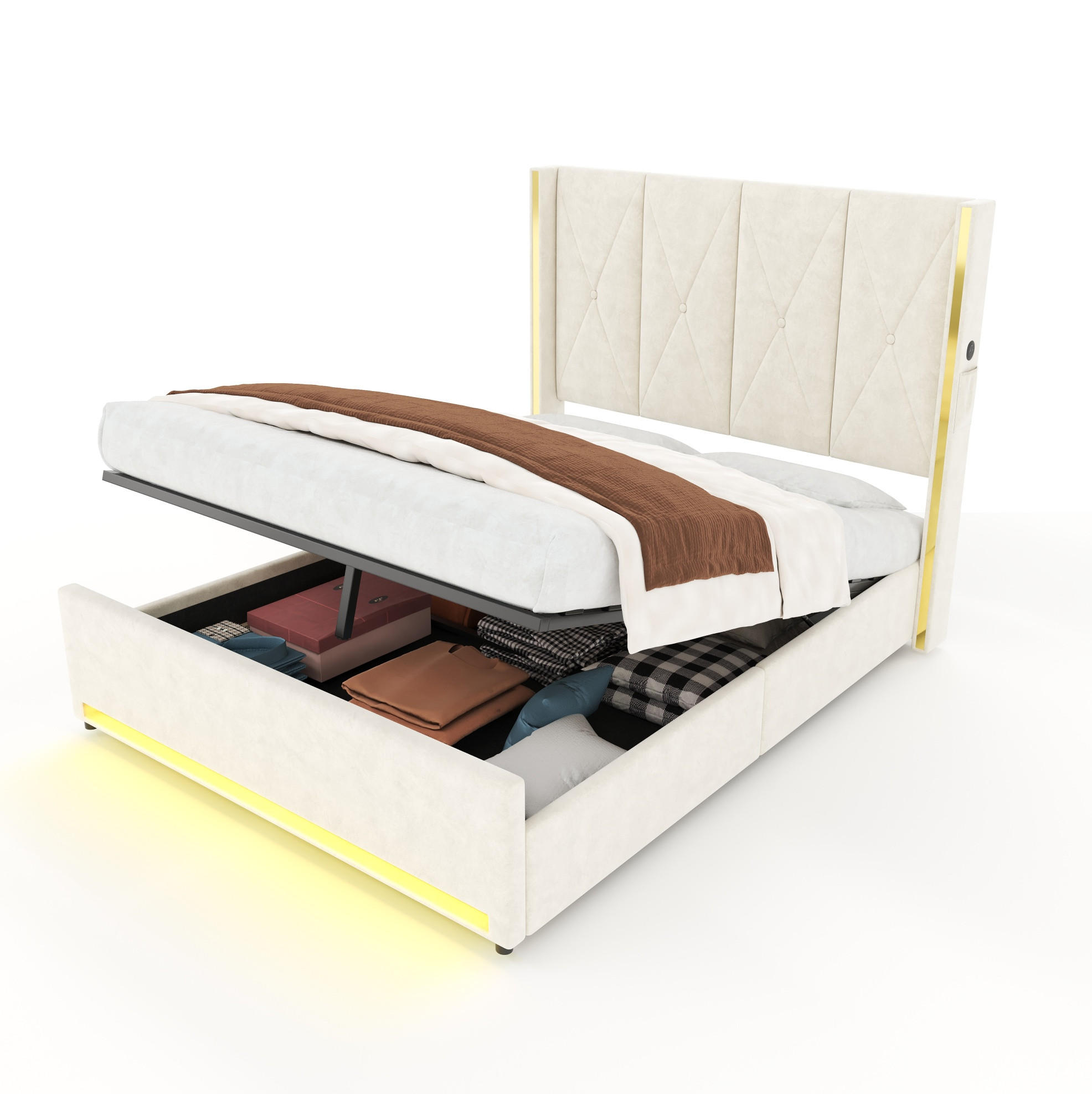 POLSTERBETT 160/200 cm mit USB, Type-C, LED und Bettkasten, Beige - Beige, Textil (160/200cm) - Redom