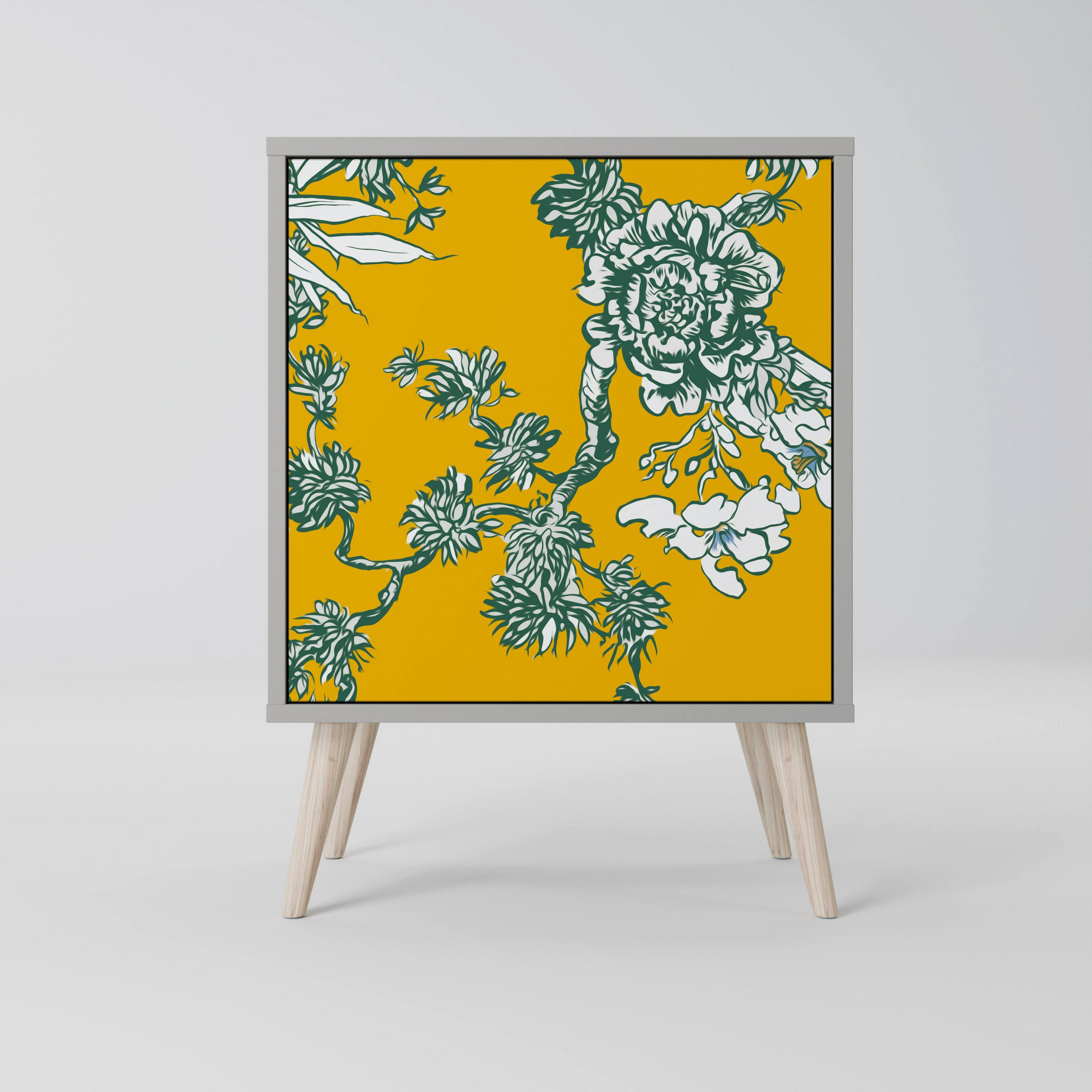 SIDEBOARD YELLOW CHINOISERIE, Grau, 57,5x42x77,5 cm, Schräge Buchenholzfüße - Buchefarben/Multicolor, Holzwerkstoff/Buchenholz (57.5/77.5/42cm) - SpaceRebels