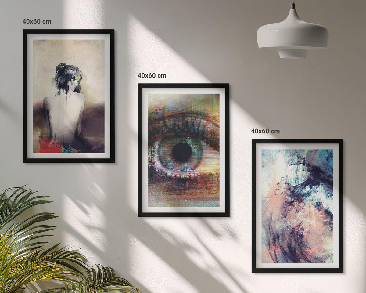 BILDER SET 3er Set - 40x60 cm Schwarzer Rahmen - Porträt einer Frau mit abstrakten Emotionen - Schwarz, Kunststoff (40/60cm) - TULUP