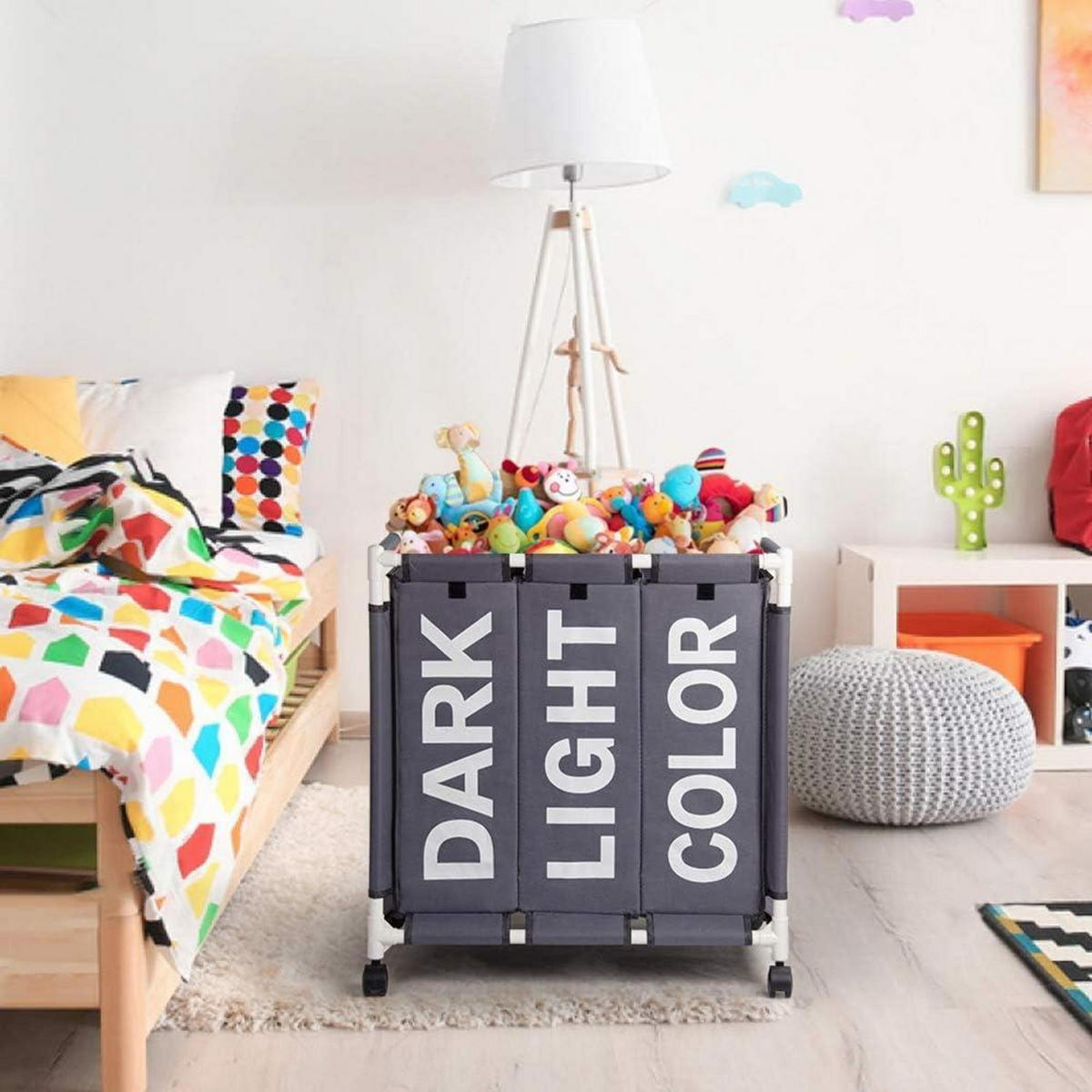 WÄSCHESORTIERER auf Rollen 90L 3 Fächer Grau - Grau, Textil (34/69/60cm)