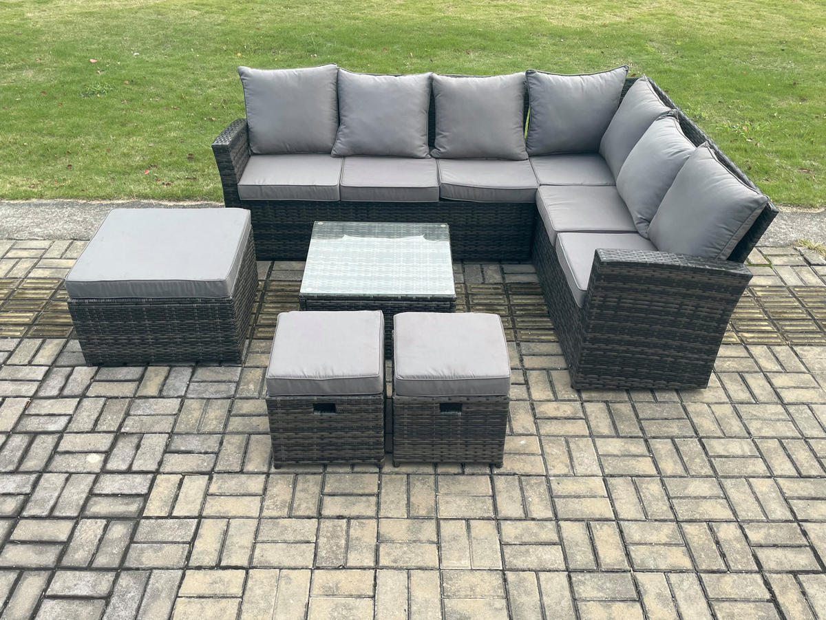 GARTENSOFA SET Hohe Rückenlehne Polyrattan Dunkelgrauer Mix 9-Sitzer - Dunkelgrau/Grau, Glas/Kunststoff - Fimous