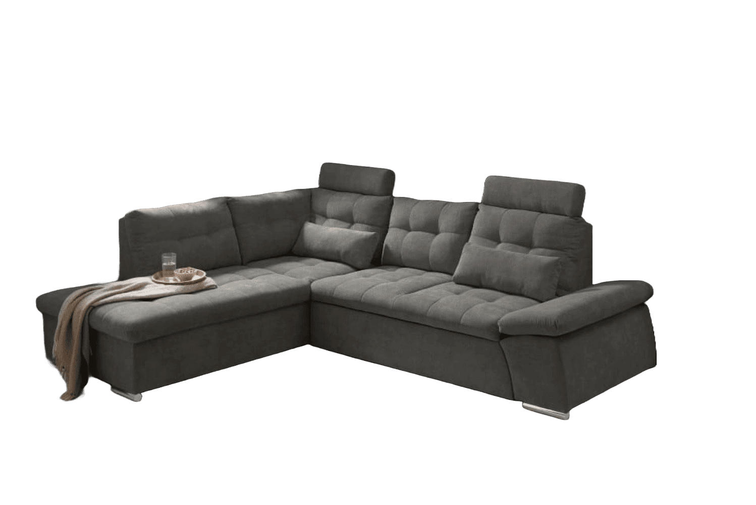 ECKSOFA mit Schlaffunktion, Bettkasten und verstellbarer Armlehne - Chromfarben/Grau, Textil (260/219cm) - ed exciting design