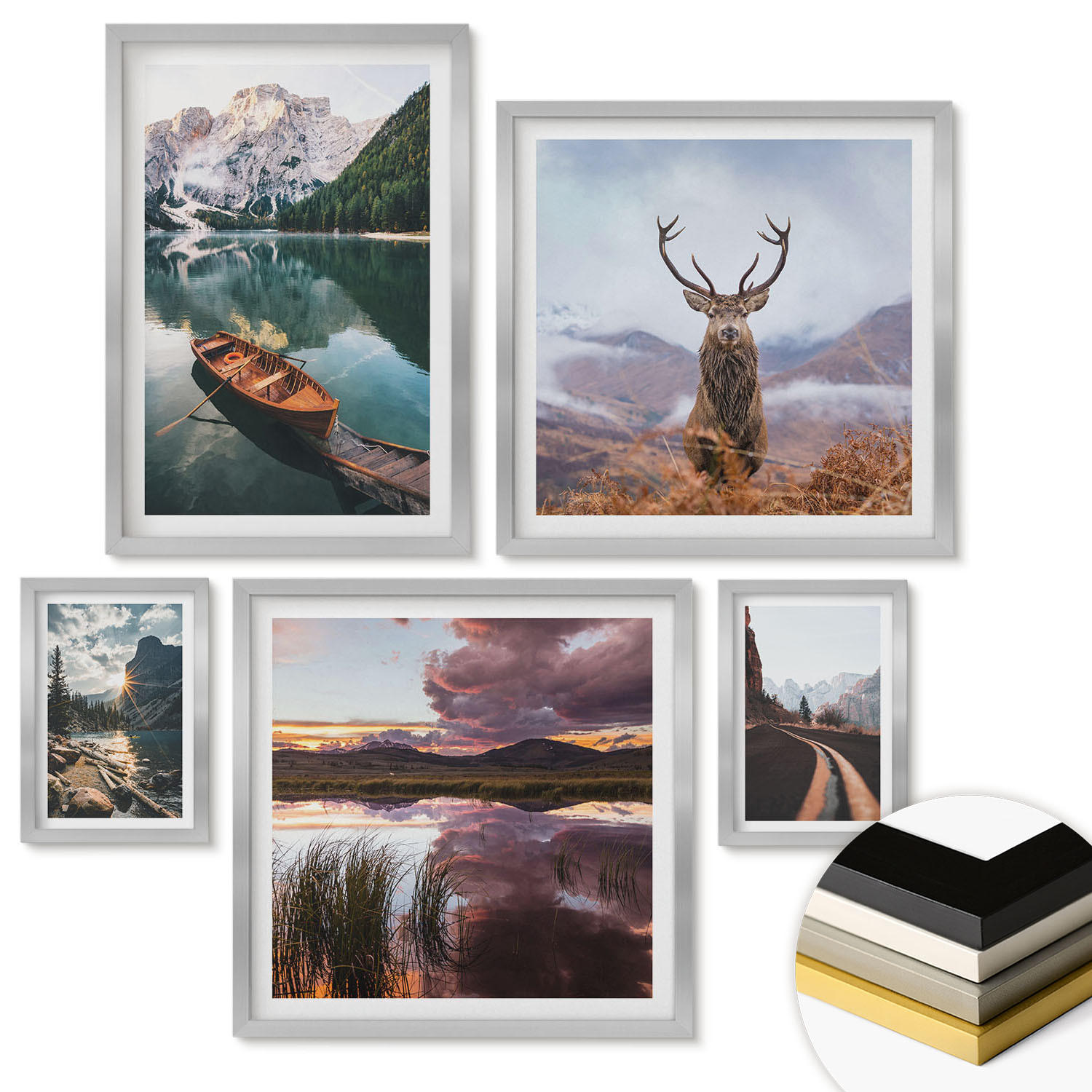 WANDBILDER 5er Set - 50x50 cm & 20x30 cm & 40x60 cm Silberner Rahmen - Bergsee, Bootsfahrt, Sonnenuntergang, Hirsche - Silberfarben, Kunststoff (40/60cm) - ArtPrintCave