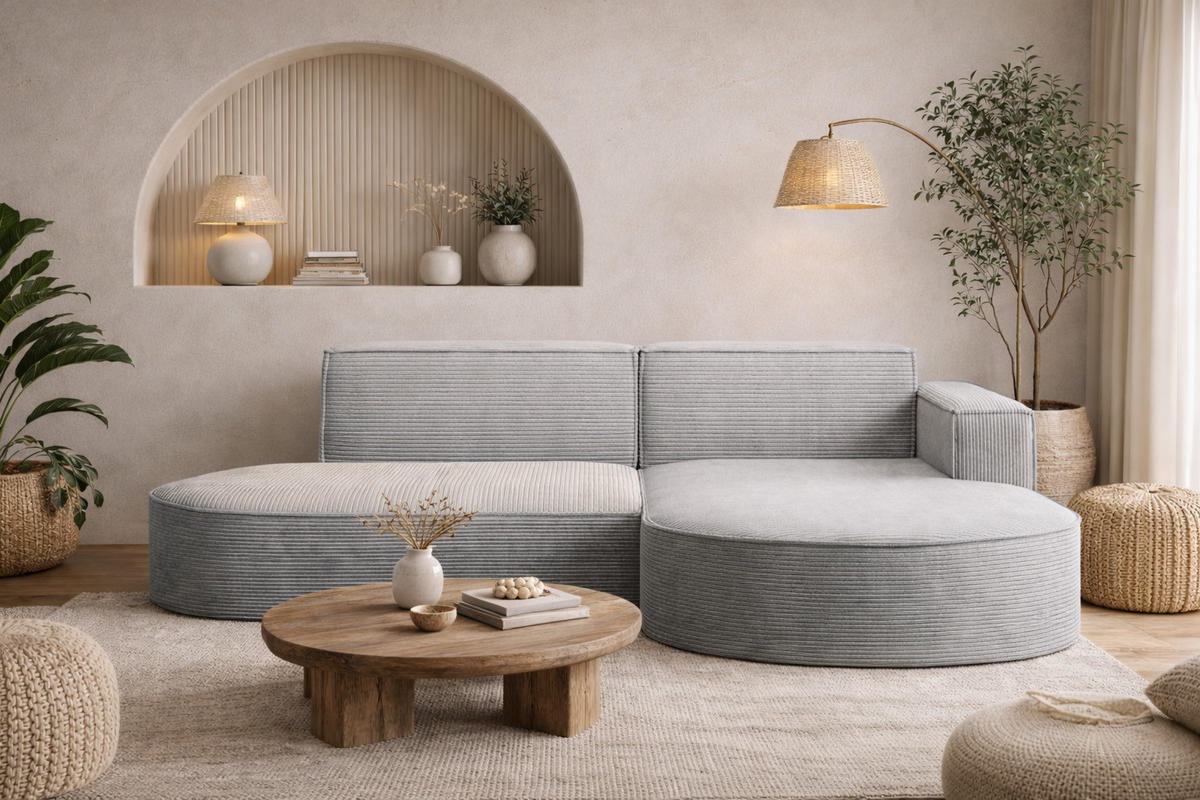 ECKSOFA Designer MODENA STUDIO, Cordstoff Poso, Hellgrau, Rechts - Hellgrau, Holzwerkstoff/Textil (236/165cm) - Kaiser Möbel