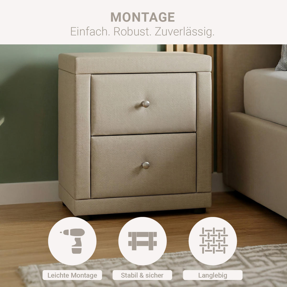 NACHTTISCH beige mit 2 Schubladen - Beige, Textil (47/54/29cm) - Homestyle4u