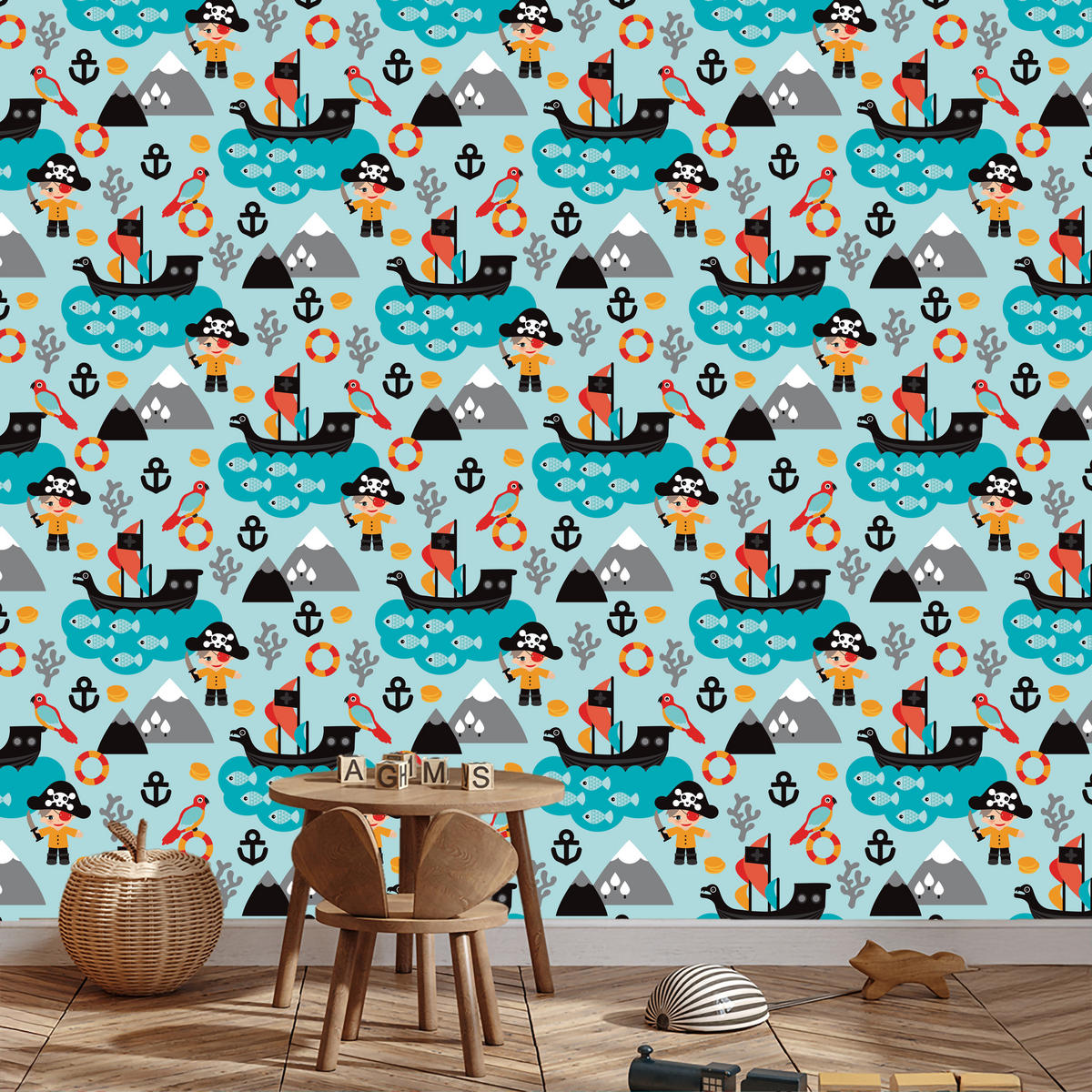 VLIESTAPETE Piraten, Schiffe und Meer – Türkis, Bunt – 50x1000 cm - Türkis/Multicolor, Papier (50/1000cm) - Muralo