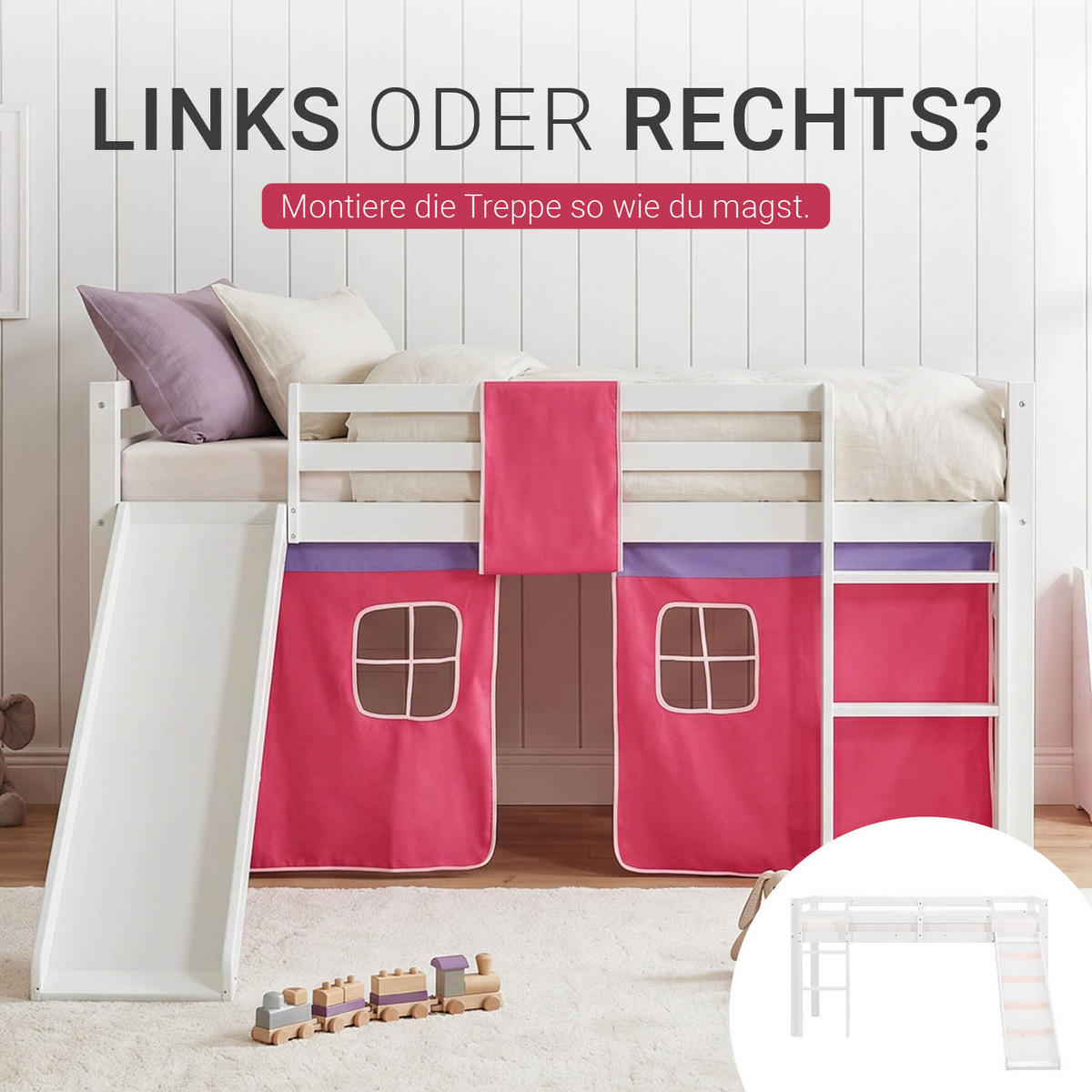 HOCHBETT 90/200 cm in Pink mit Lattenrost + Matratze - Pink/Weiß, Holz - Homestyle4u