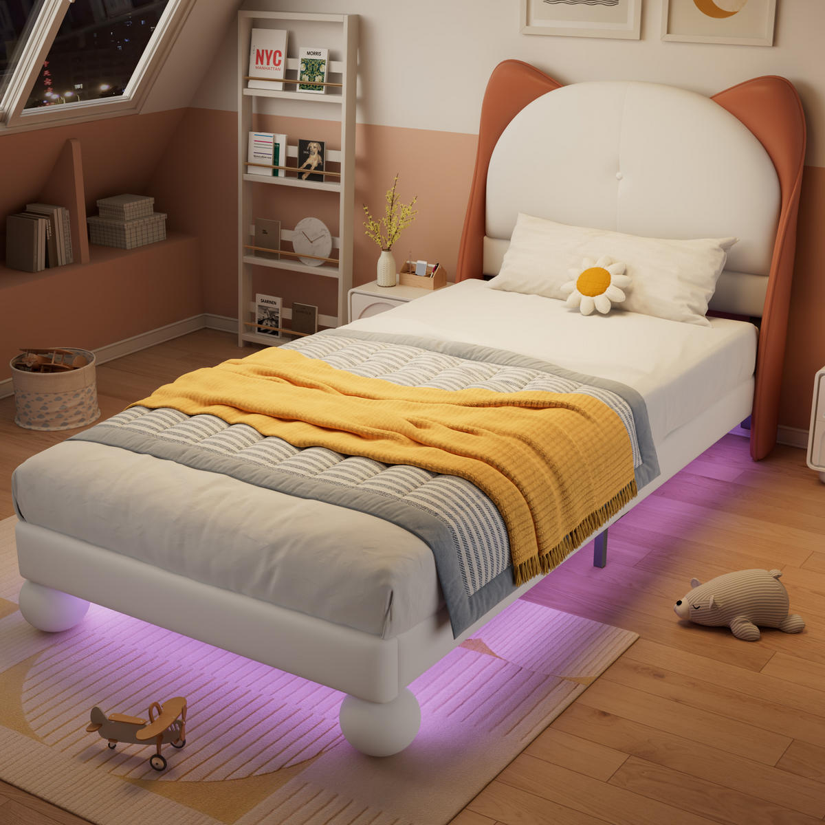 POLSTERBETT 90/200 cm Beige und Gelbbraun mit Katzenohren-Kopfteil und LED-Beleuchtung - Beige, Kunststoff (90/200cm) - OKWISH