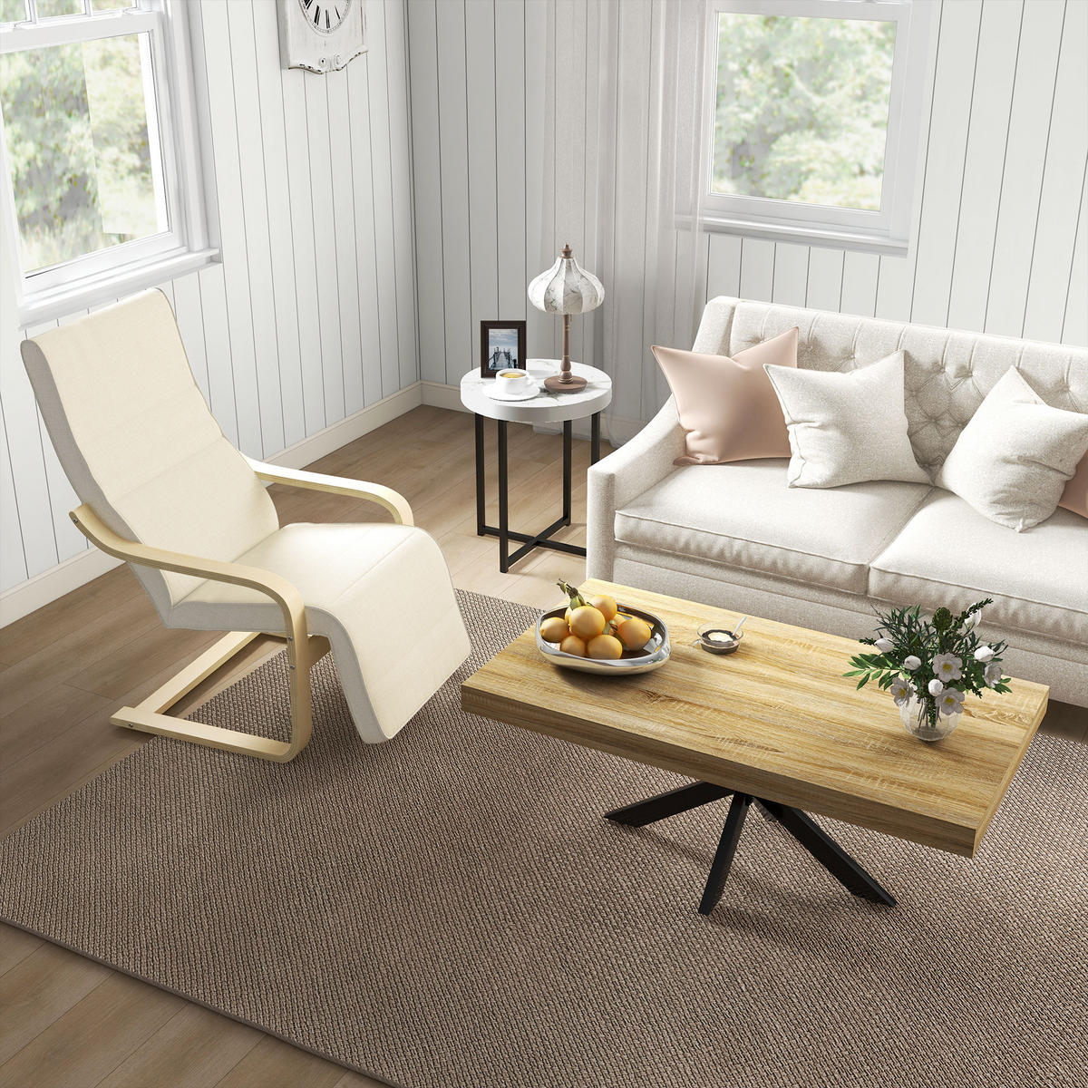 RELAXSESSEL Freischwinger mit verstellbarer Fußstütze Birkenholz, Stoffbezug 66,5/94/100 cm Cremeweiß - Creme, Textil (94/100/66.5cm) - Redom