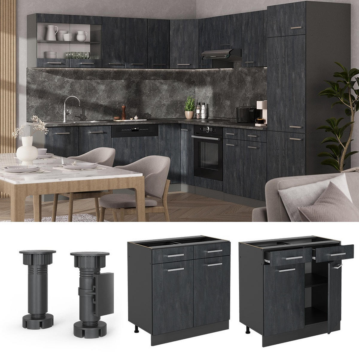 KÜCHENUNTERSCHRANK R-Line Schwarz Beton 80 cm AP Anthrazit - Anthrazit/Schwarz, Holzwerkstoff (80/81.6/60cm) - Vicco