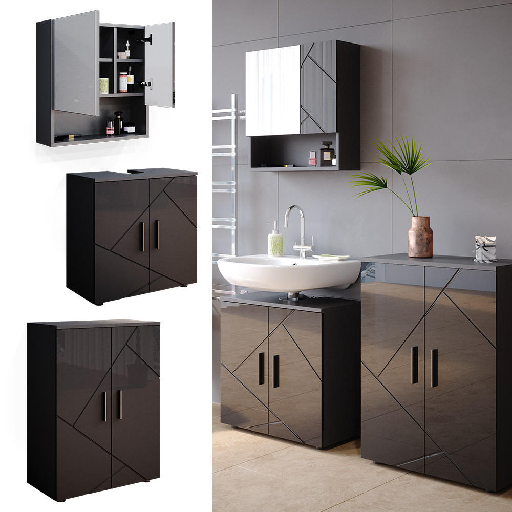 BADMÖBEL-SET Irma Anthrazit Hochglanz 3 Teile, mit Unterschrank 60 cm - Anthrazit, Holzwerkstoff (80/58.6/41cm) - Vicco
