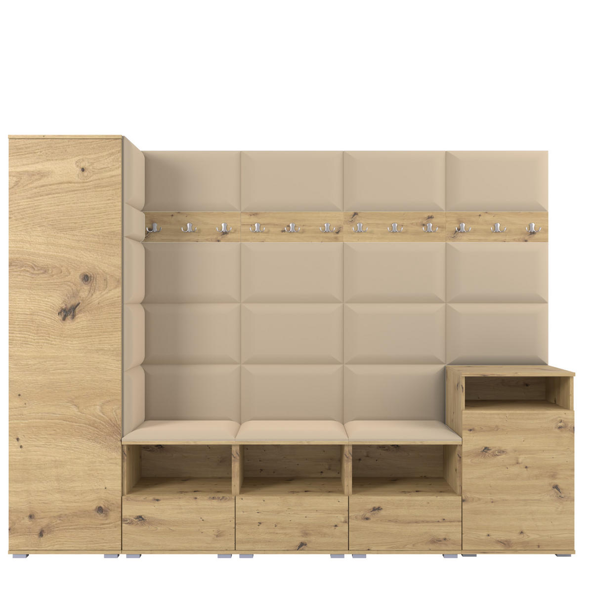 GARDEROBE NELA XI 250 cm (Modulare Flurmöbel Artisan Eiche mit Sitzpolster Beige 04 Großes Set) - Beige/Silberfarben, Holz/Holzwerkstoff (250/187/40cm) - Ravio