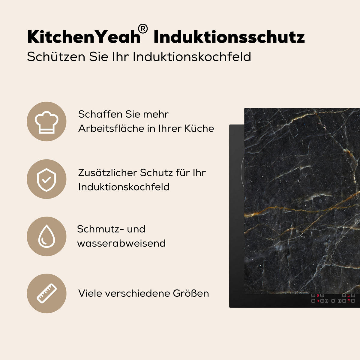 HERDABDECKPLATTE Marmor - Schwarz - Gold - Grau - Marmorstruktur 60x52 cm - Goldfarben, Kunststoff (60/0.2/52cm) - MuchoWow