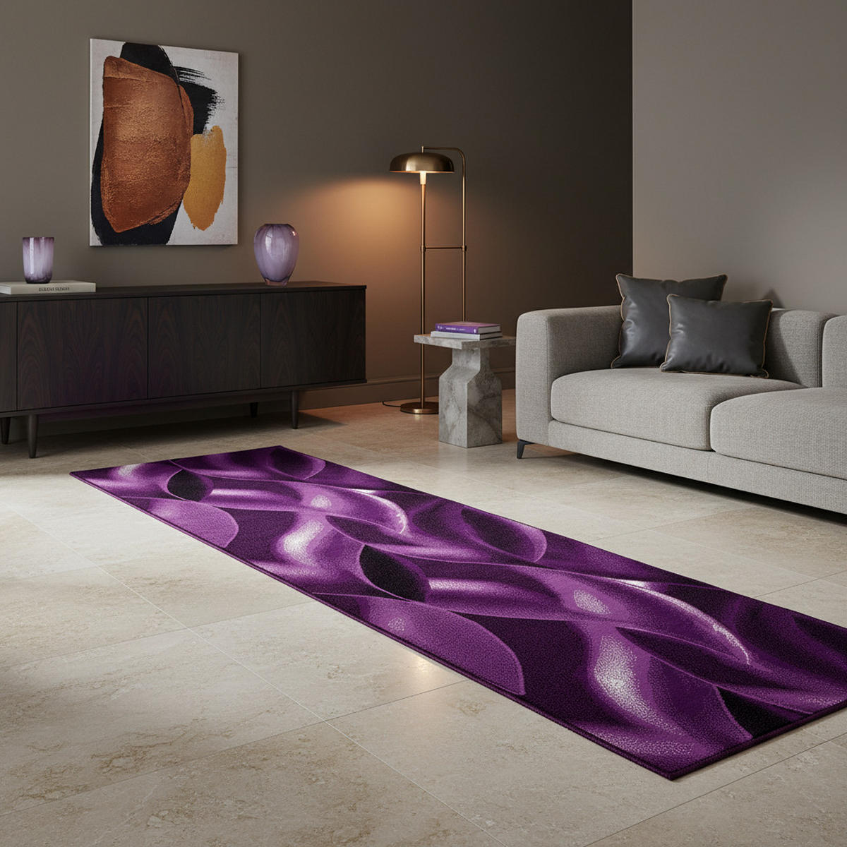 TEPPICH Kurzflor Abstrakte Wellen Polypropylen Wohnzimmer Violett Läufer 80x300 - Lila, Textil (80/300cm) - KADIMA DESIGN