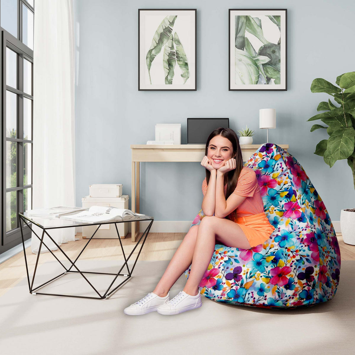 SITZSACK MIT FUßSTÜTZE Velvet 2-tlg Yellow and Blue Flowers M - Blau, Textil (80/120/80cm) - Dreamroots