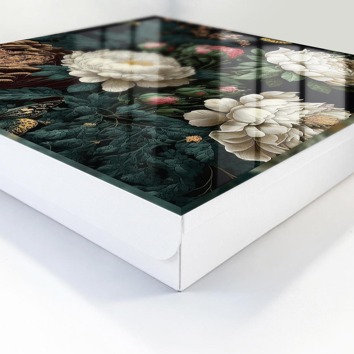 SCHLÜSSELBOX Weiß 30x30 cm – Türöffnung nach rechts - Pfingstrosen - Grün, Metall (30/30/5cm) - TULUP