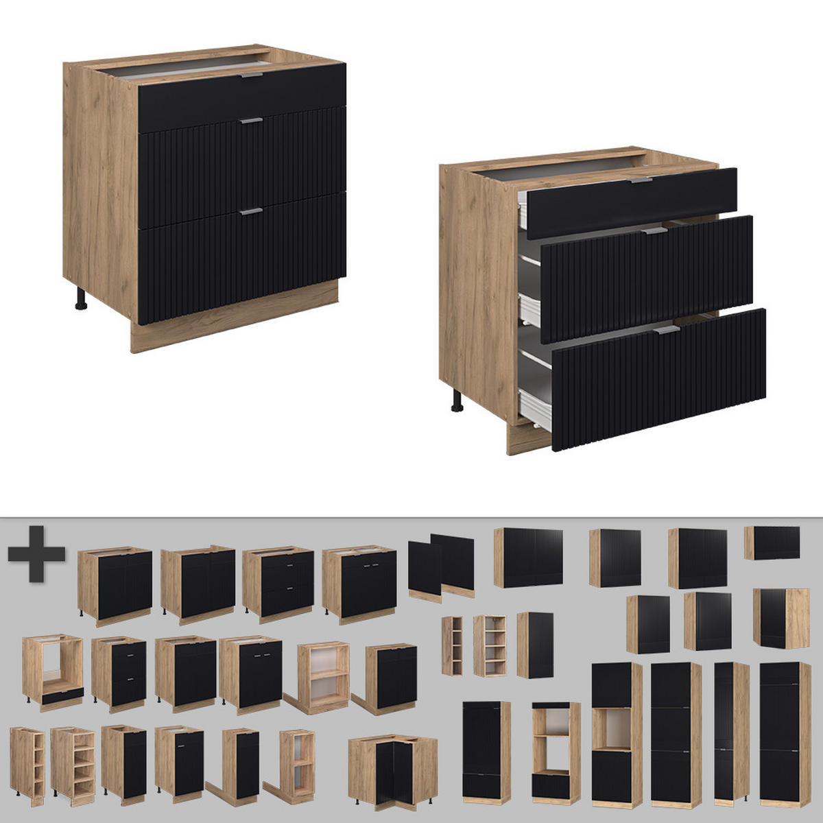 KÜCHENUNTERSCHRANK Fame-Line, Schwarz gestreift, 80 cm mit 3 Schubladen, AP Eiche - Eiche Wotan/Schwarz, Holzwerkstoff (80/82/60cm) - Vicco