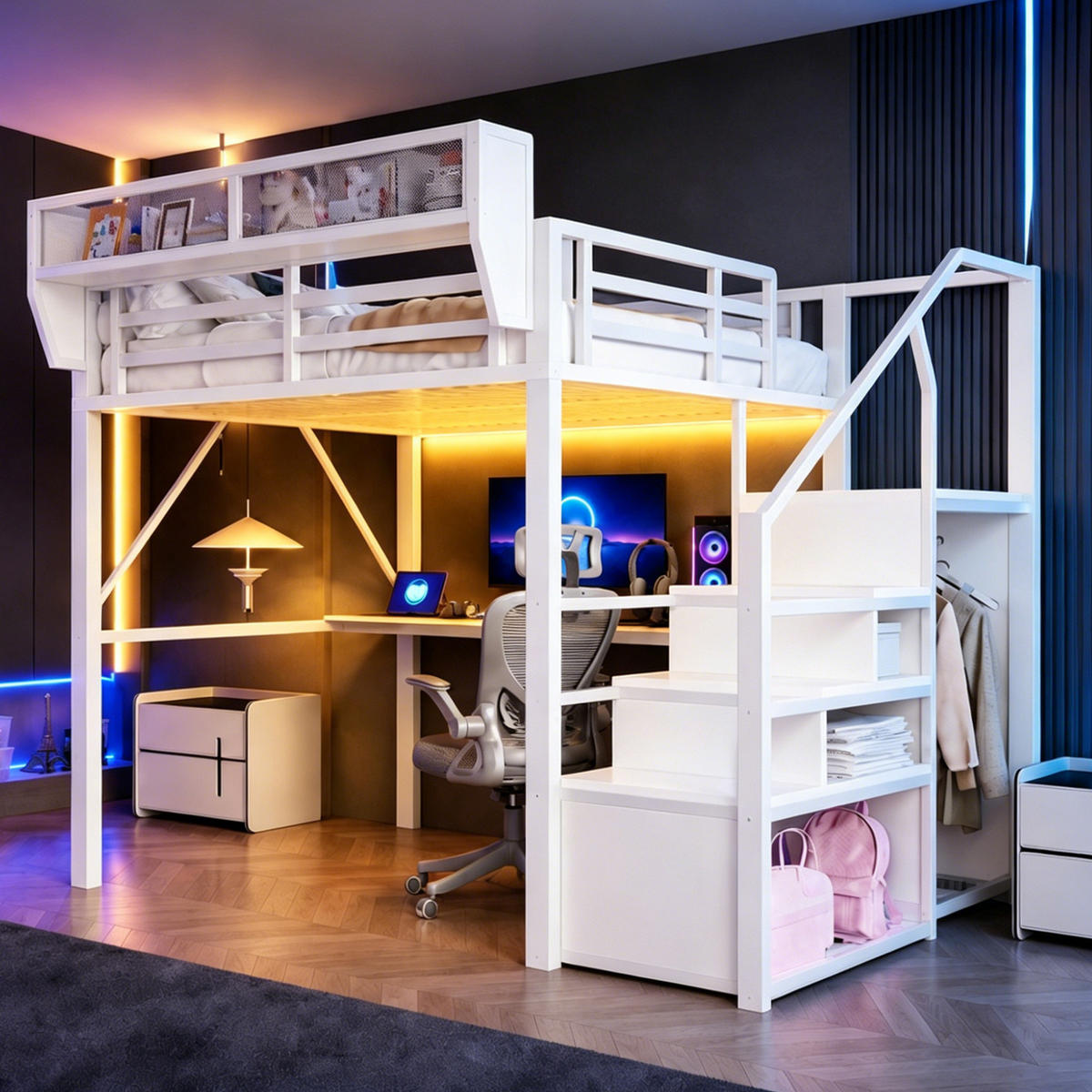 HOCHBETT 140/200 cm DE-32583 mit Schreibtisch, LED und Stauraum Weiß - Weiß, Metall (140/200cm) - ComfortXL