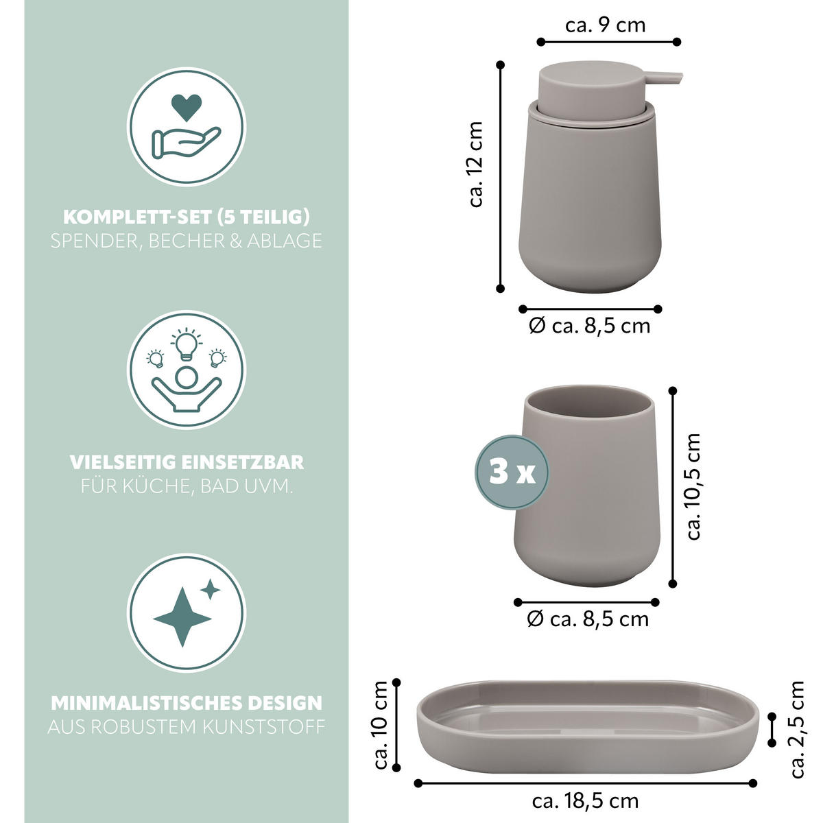 BAD-ACCESSOIRES-SET TESERO 5tlg., Soft-Touch, taupe - Taupe, Kunststoff (8.5/12/9cm) - eluno