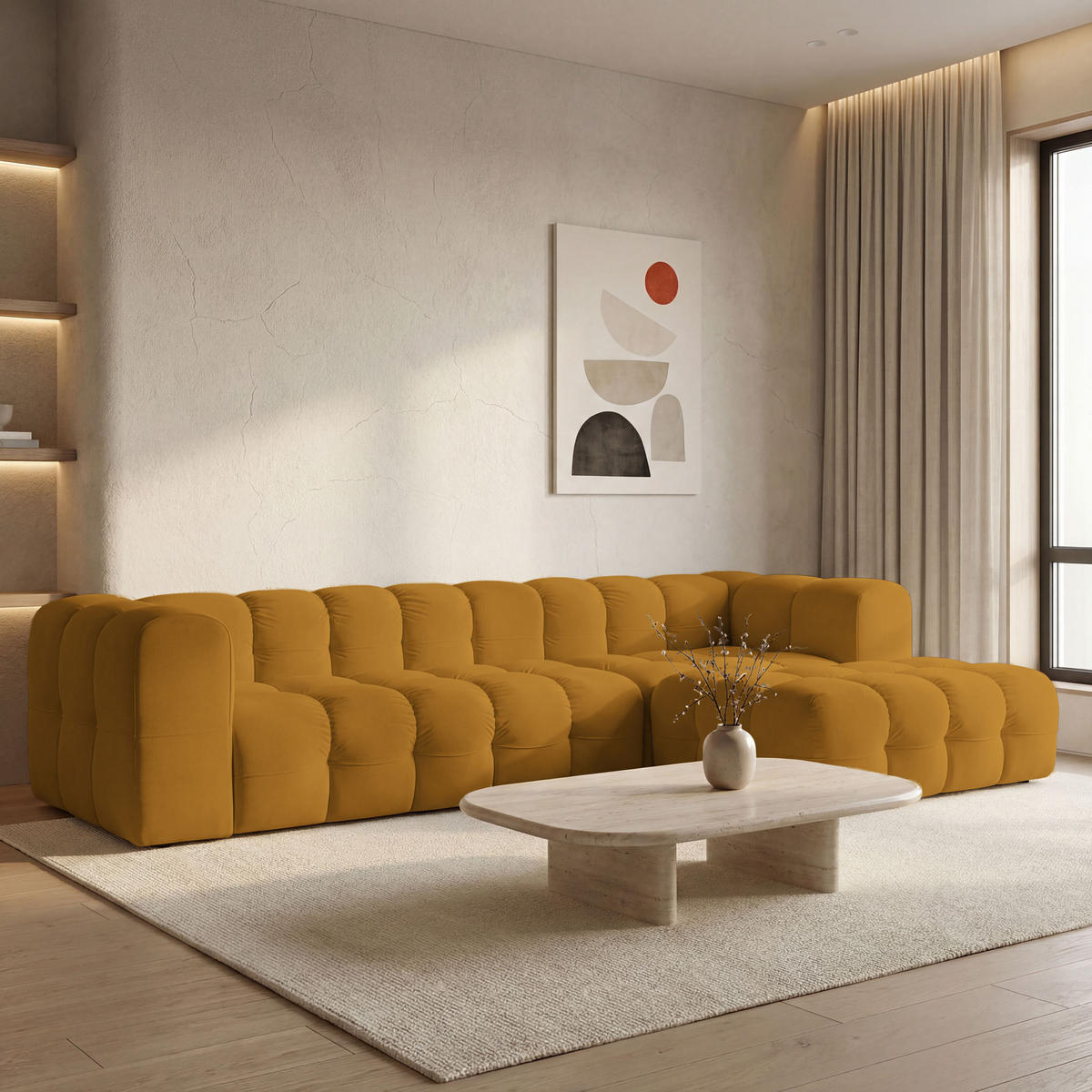 ECKSOFA Mochi L-Form 5-Sitzer Rechts, Samt, Senfgelb 290/75/193 cm - Dunkelgelb/Schwarz, Kunststoff/Textil (290/193cm) - WFL GROUP