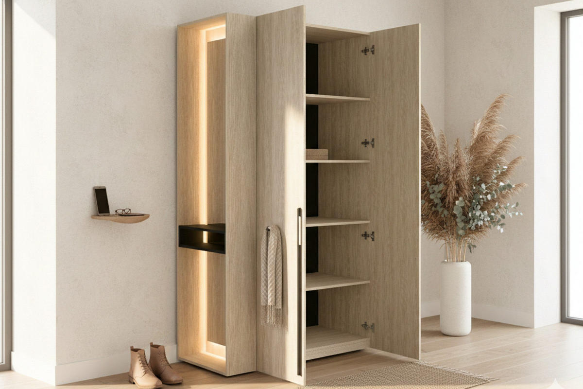 GARDEROBENSCHRANK BERTA 110 cm in Eiche Barista mit Einlegeböden, Spiegel und LED - Eichefarben, Holzwerkstoff (111/207/60cm) - Deine Möbel 24