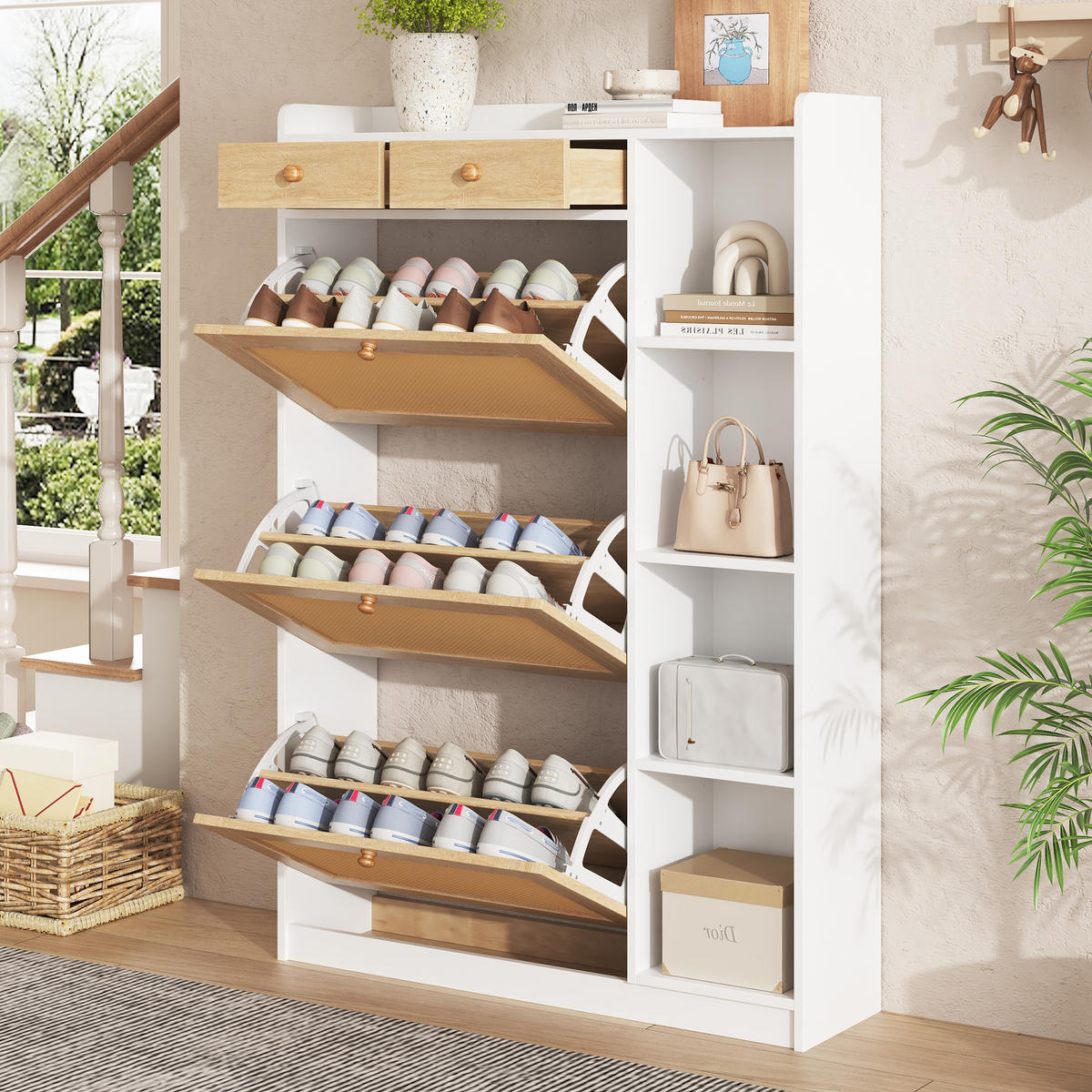 SCHUHSCHRANK 90x24x130cm Rattan mit 3 Klappen, 2 Schubl. - Weiß/Naturfarben, Holzwerkstoff (90/130/24cm) - FLIEKS